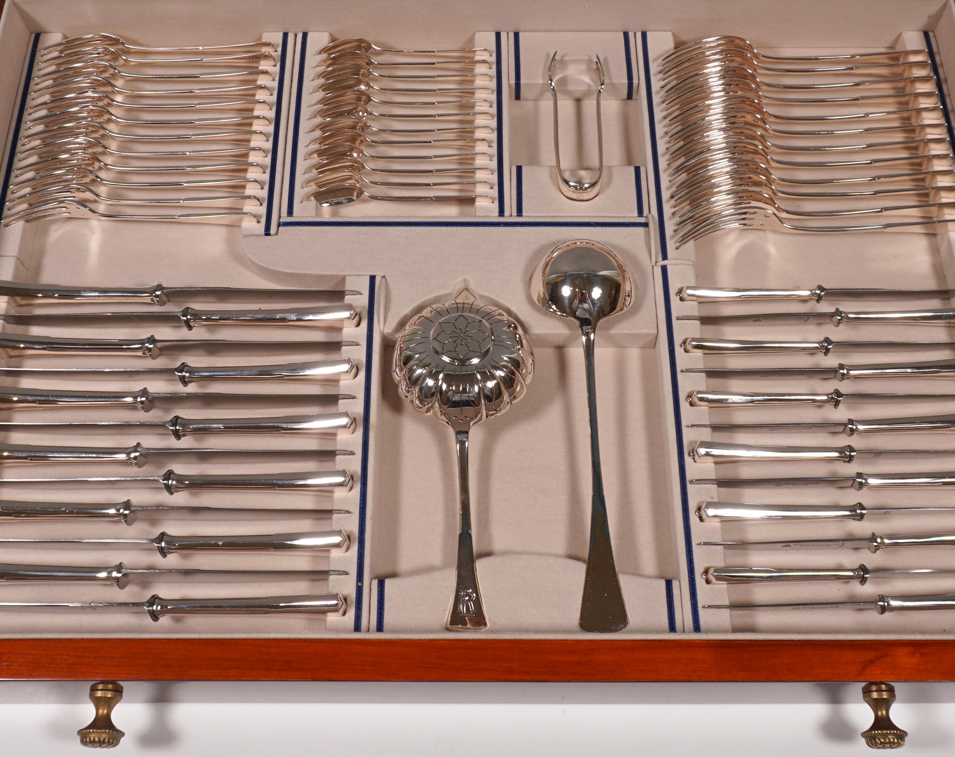 Hungarian Art Nouveau Silver Cutlery Set For 12 People In Showcase, Austria-Hungary, 1920