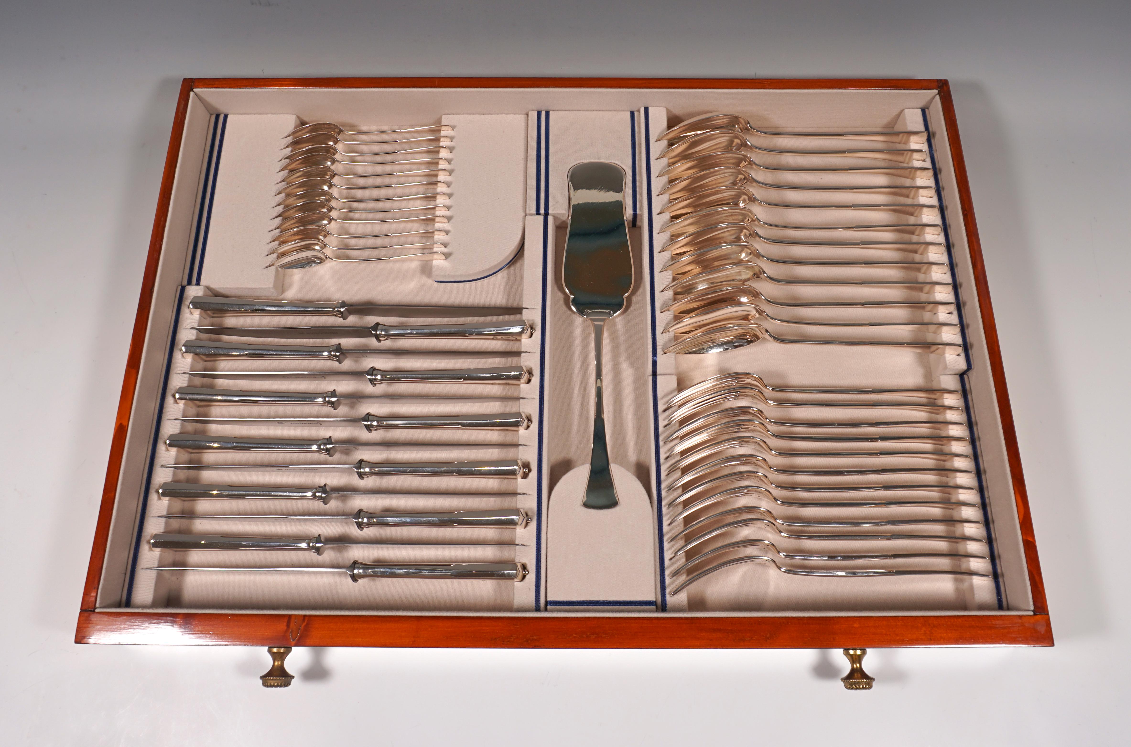 Hand-Crafted Art Nouveau Silver Cutlery Set For 12 People In Showcase, Austria-Hungary, 1920