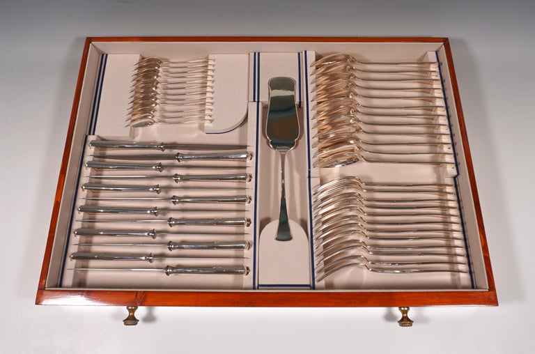 Hand-Crafted Art Nouveau Silver Cutlery Set For 12 People In Showcase, Austria-Hungary, 1920 For Sale