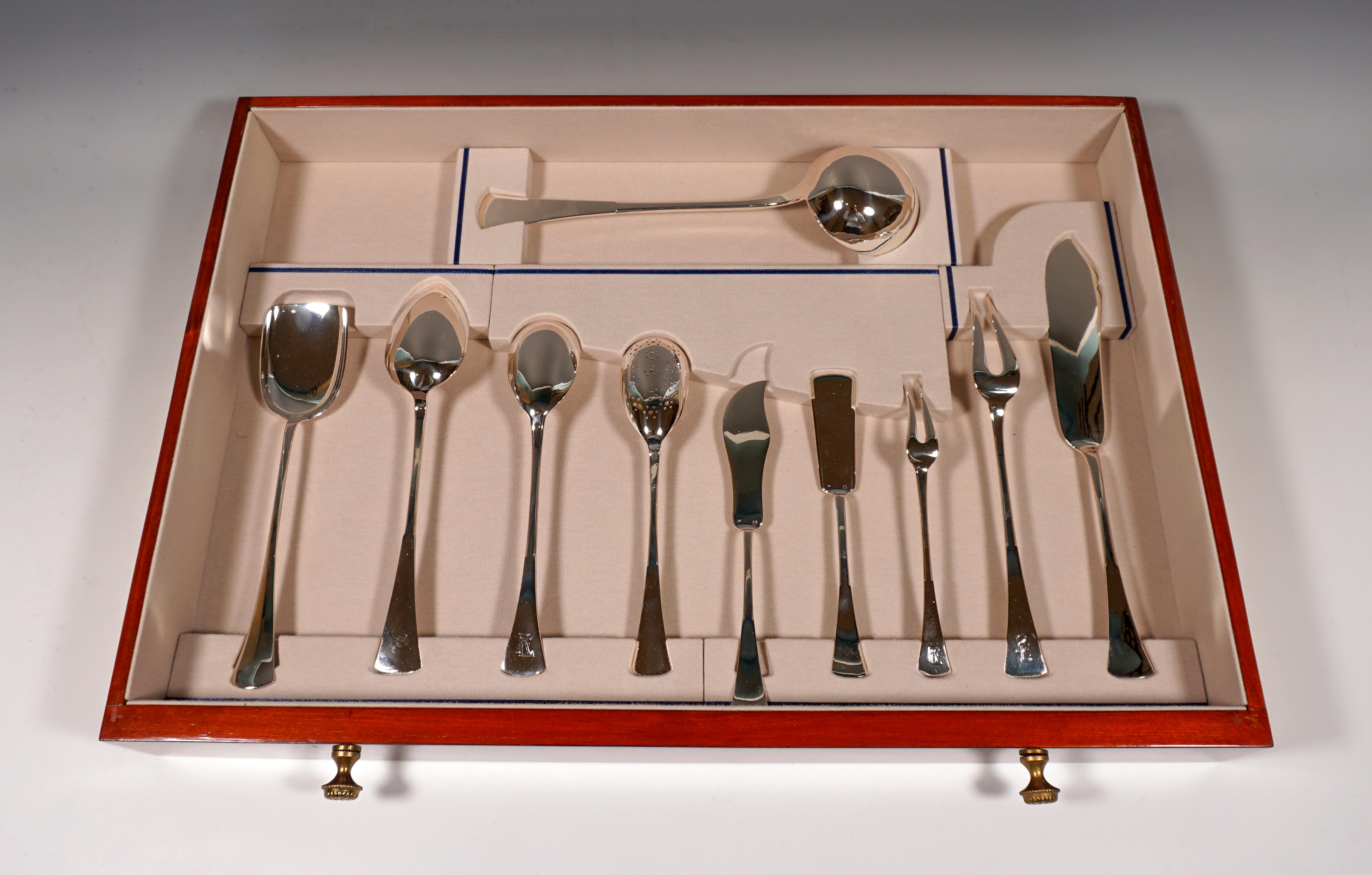 Early 20th Century Art Nouveau Silver Cutlery Set For 12 People In Showcase, Austria-Hungary, 1920