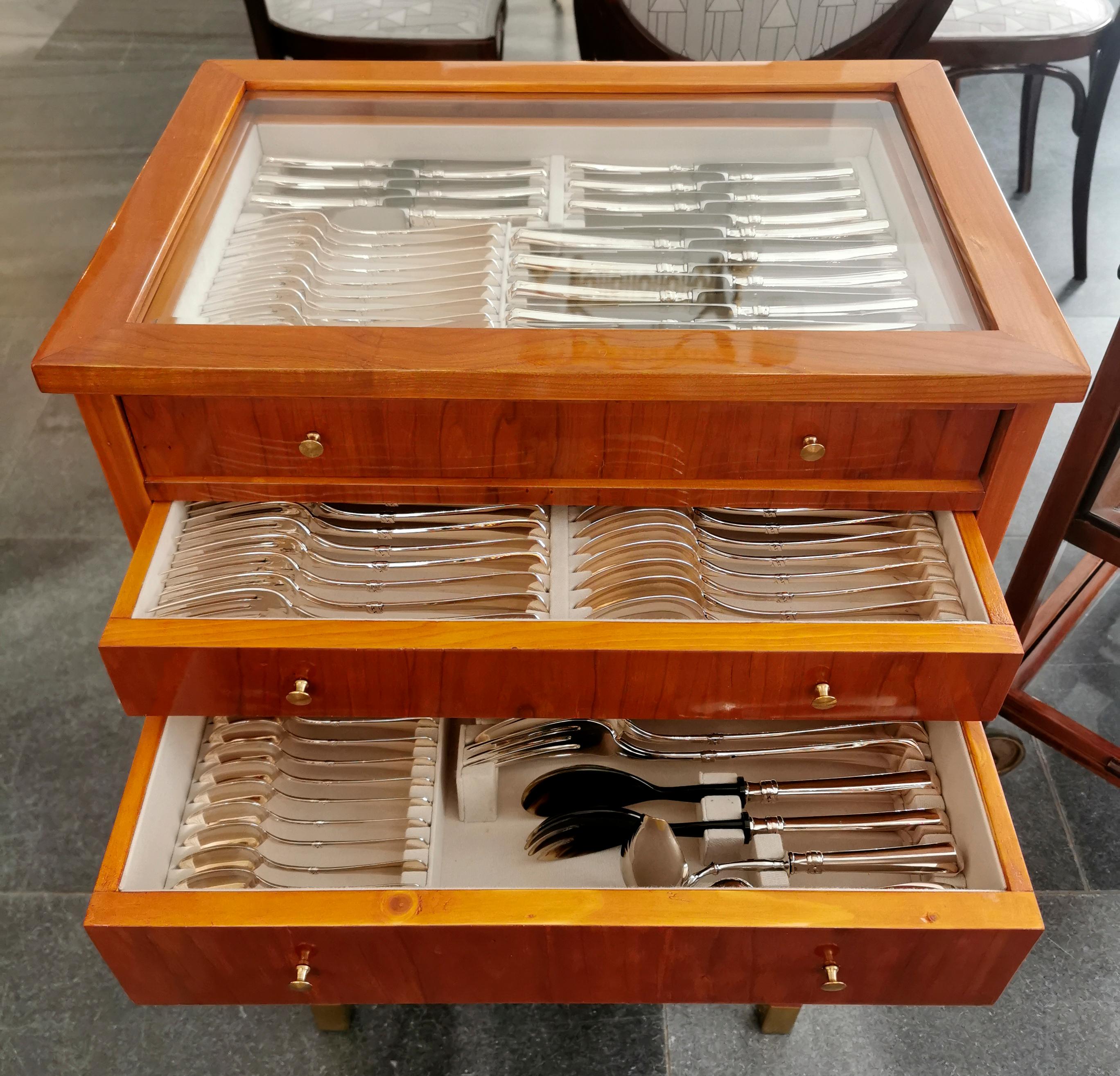 Hand-Crafted Art Nouveau Silver Cutlery Set for 12 People in Showcase VSF Duesseldorf Germany