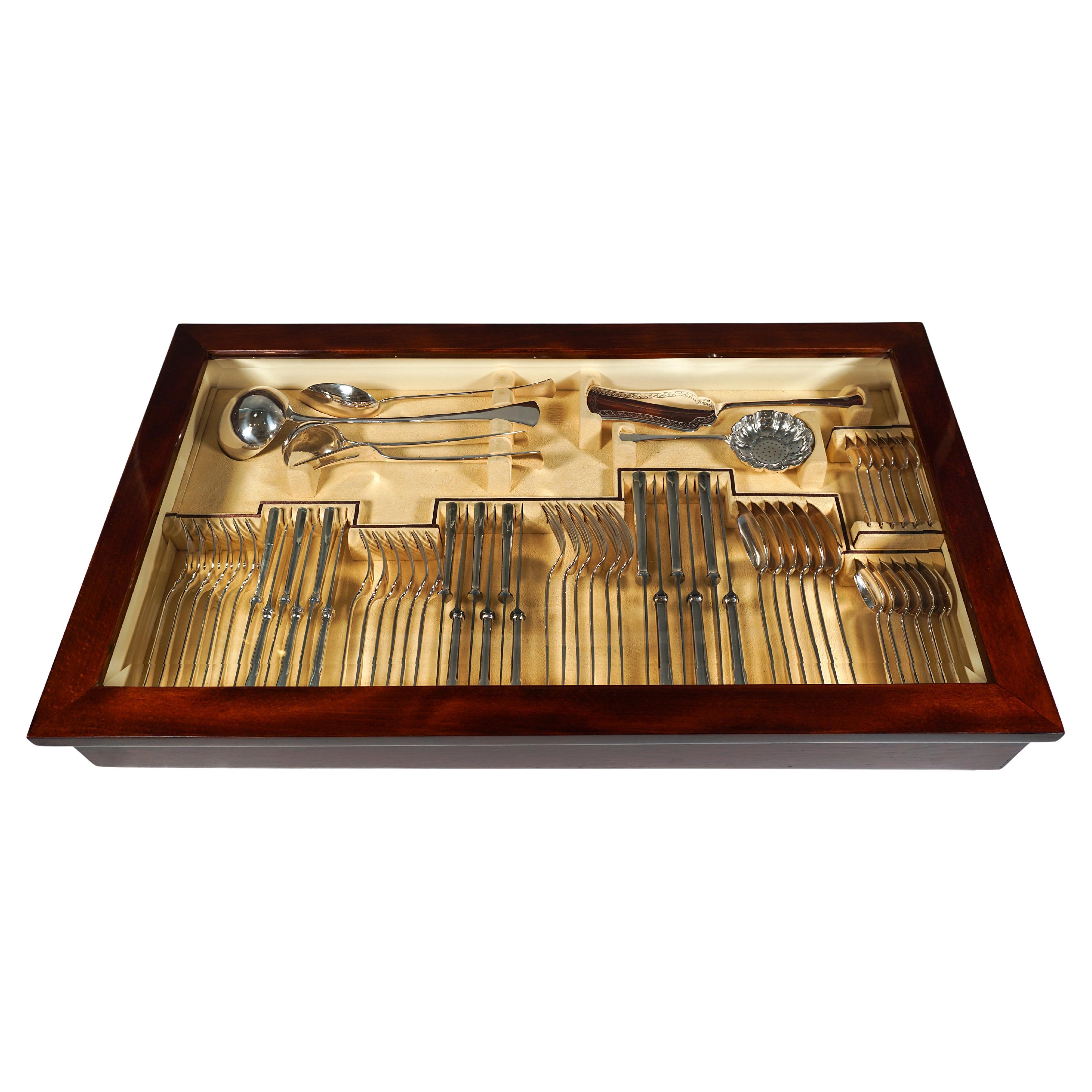 Art Nouveau Silver Cutlery Set For 6 People In Display Case, Austria-Hungary