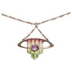 Art Nouveau Silver Enamel Pendant by Levinger & Bissinger circa 1905 Green Pink