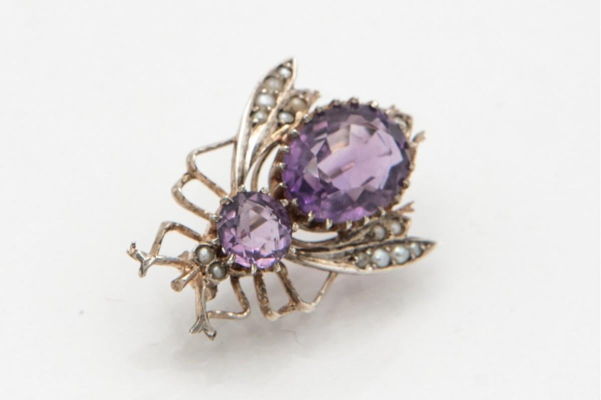 Cushion Cut Art Nouveau silver fly brooch with amethysts and pearls, Austria-Hungary, 1870