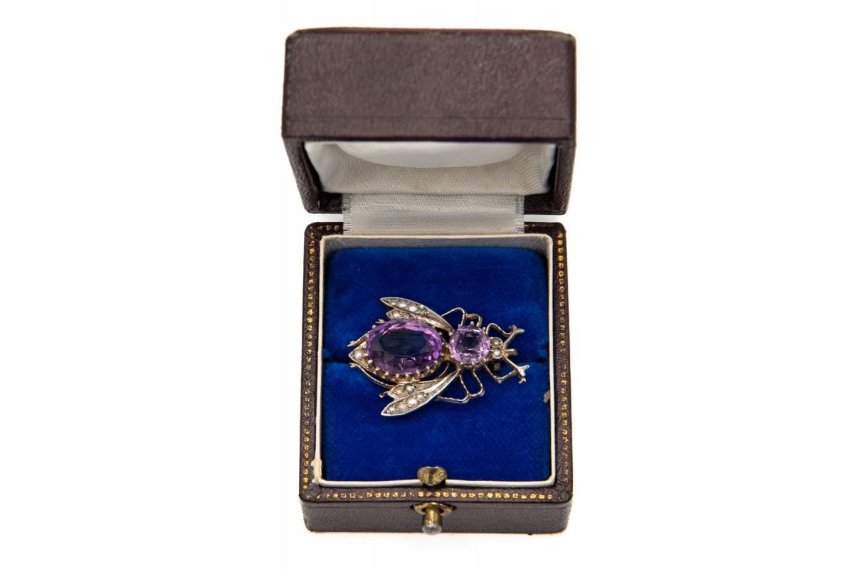 Women's or Men's Art Nouveau silver fly brooch with amethysts and pearls, Austria-Hungary, 1870
