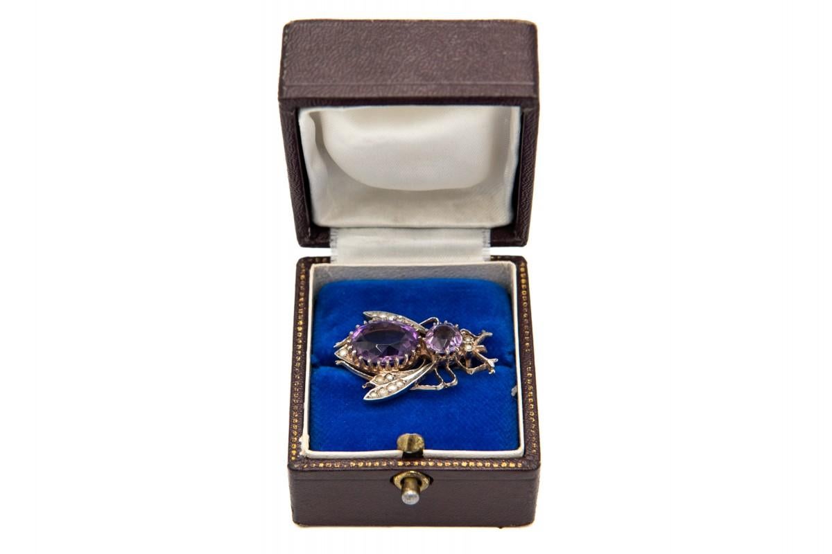 Art Nouveau silver fly brooch with amethysts and pearls, Austria-Hungary, 1870 1