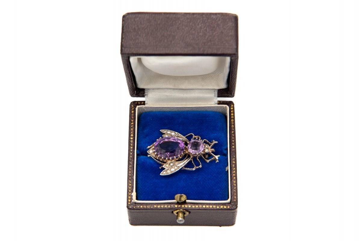 Art Nouveau silver fly brooch with amethysts and pearls, Austria-Hungary, 1870 3