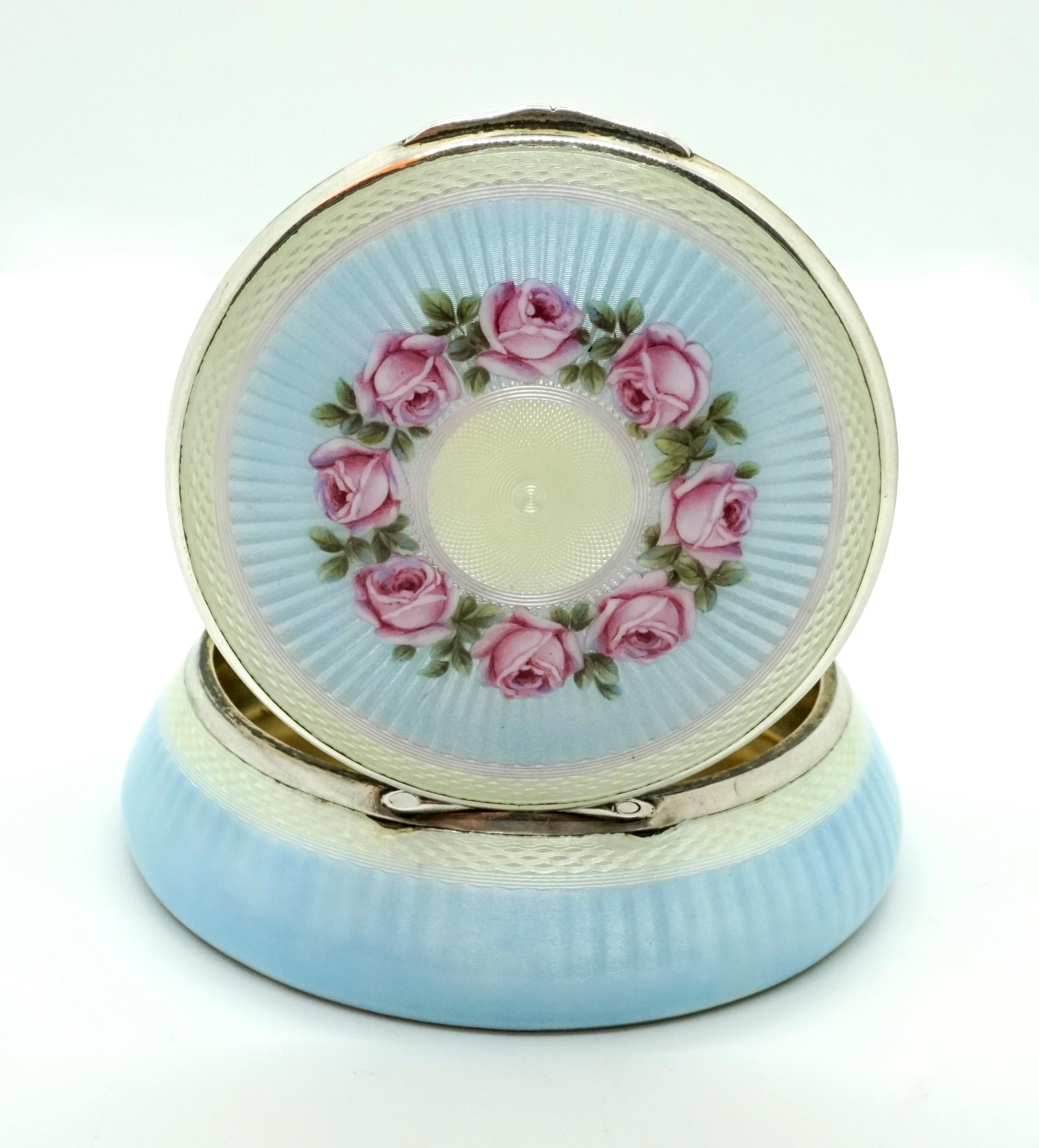 Austrian Art Nouveau Silver Guilloche-Enamel Box with Delicate Rose Painting, circa 1900