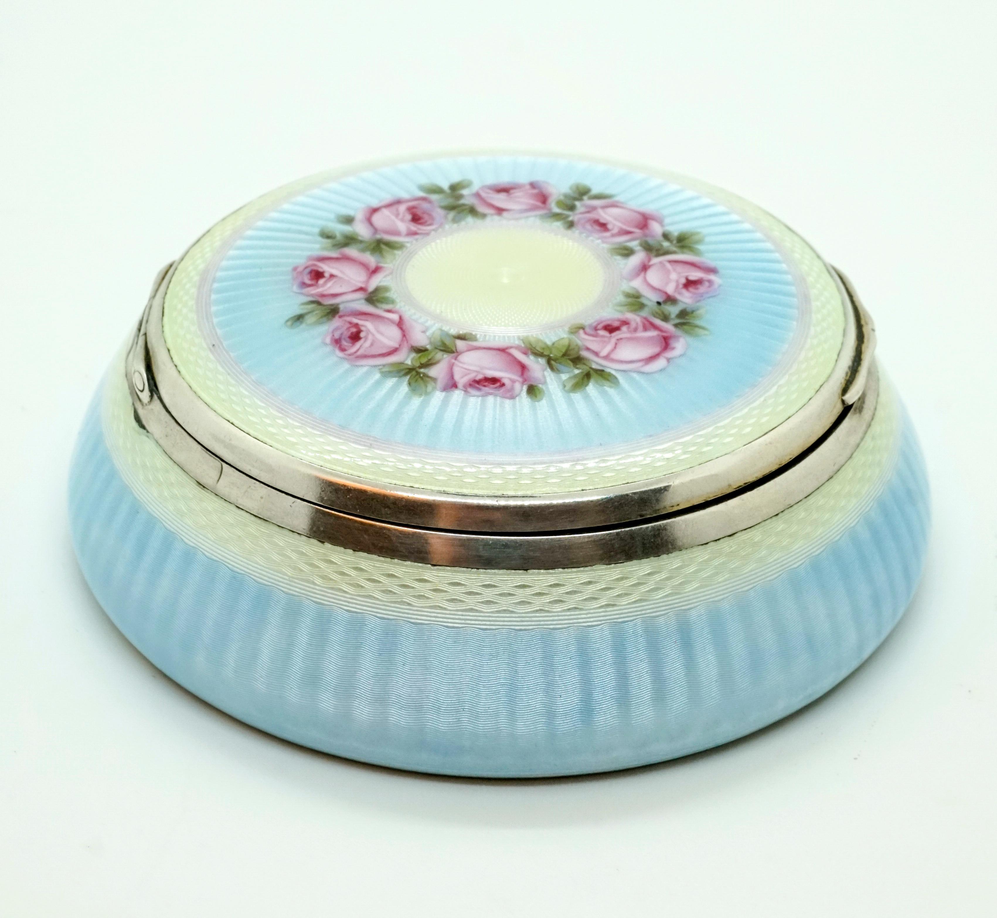 Enameled Art Nouveau Silver Guilloche-Enamel Box with Delicate Rose Painting, circa 1900