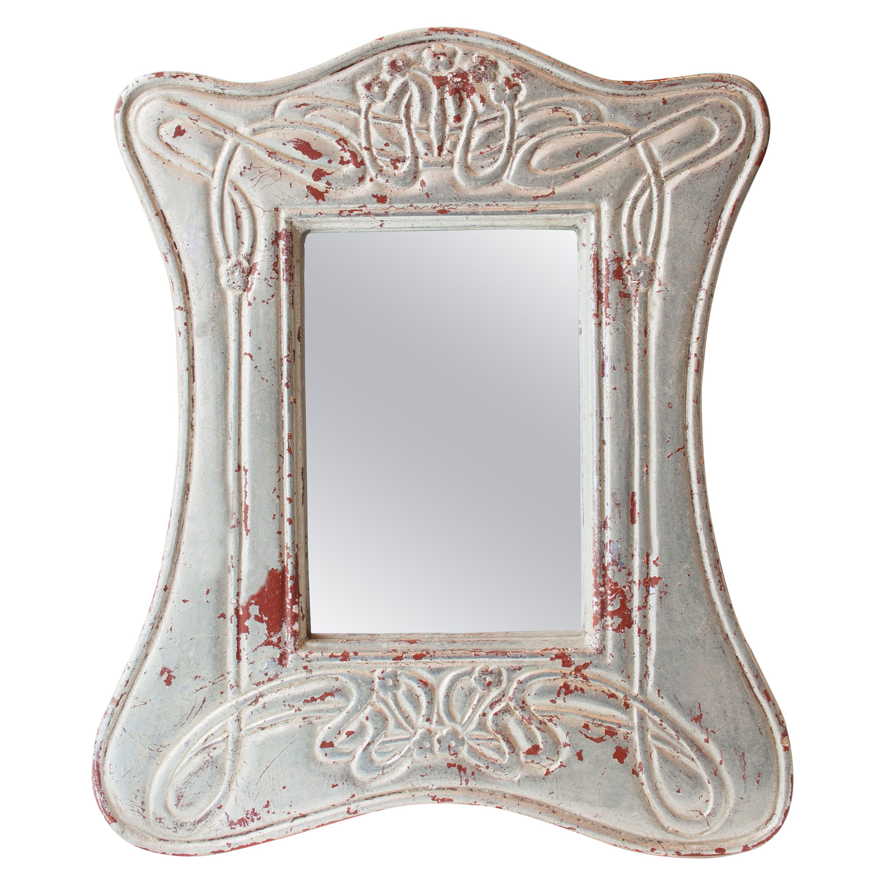 Art Nouveau Silver Hand Carved Wooden Mirror, Spain, 1970 For Sale
