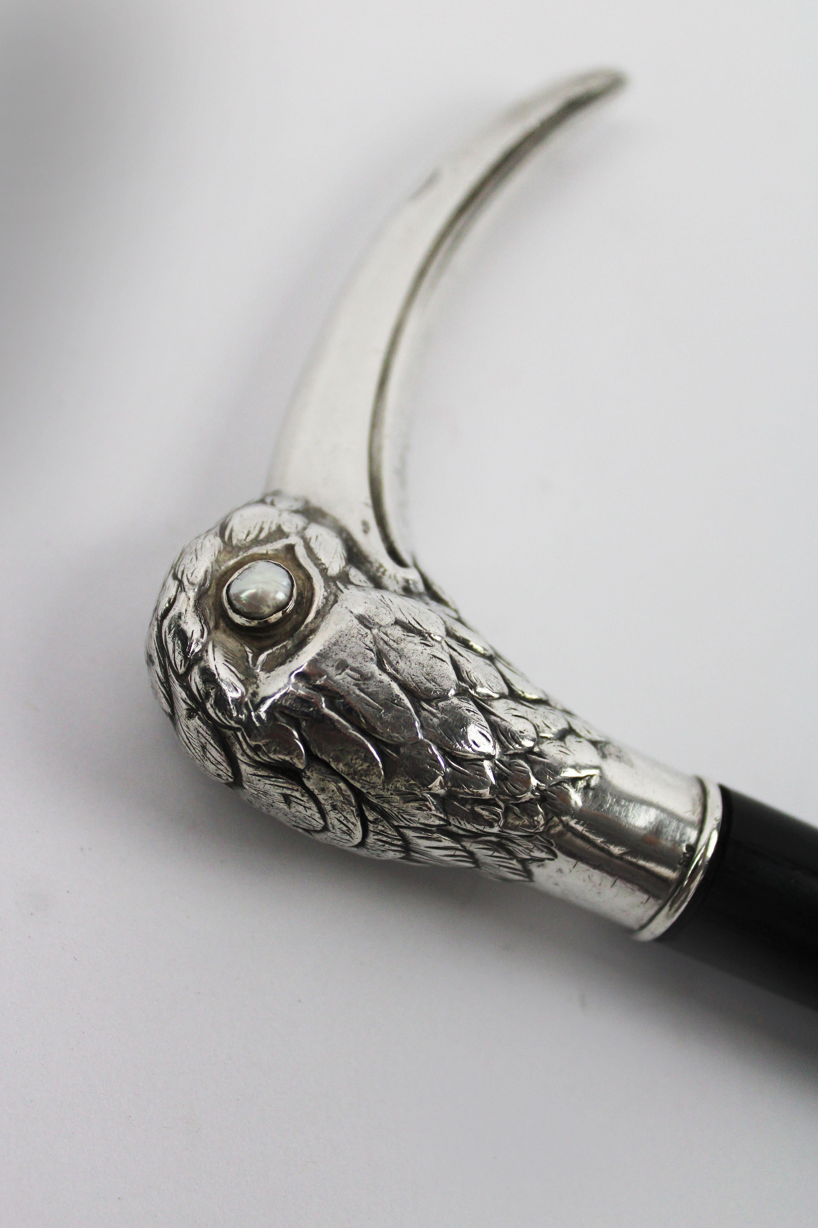 French Art Nouveau Silver Ibis head Walking Stick Pearl eyes Ebony Hallmark 800 France For Sale