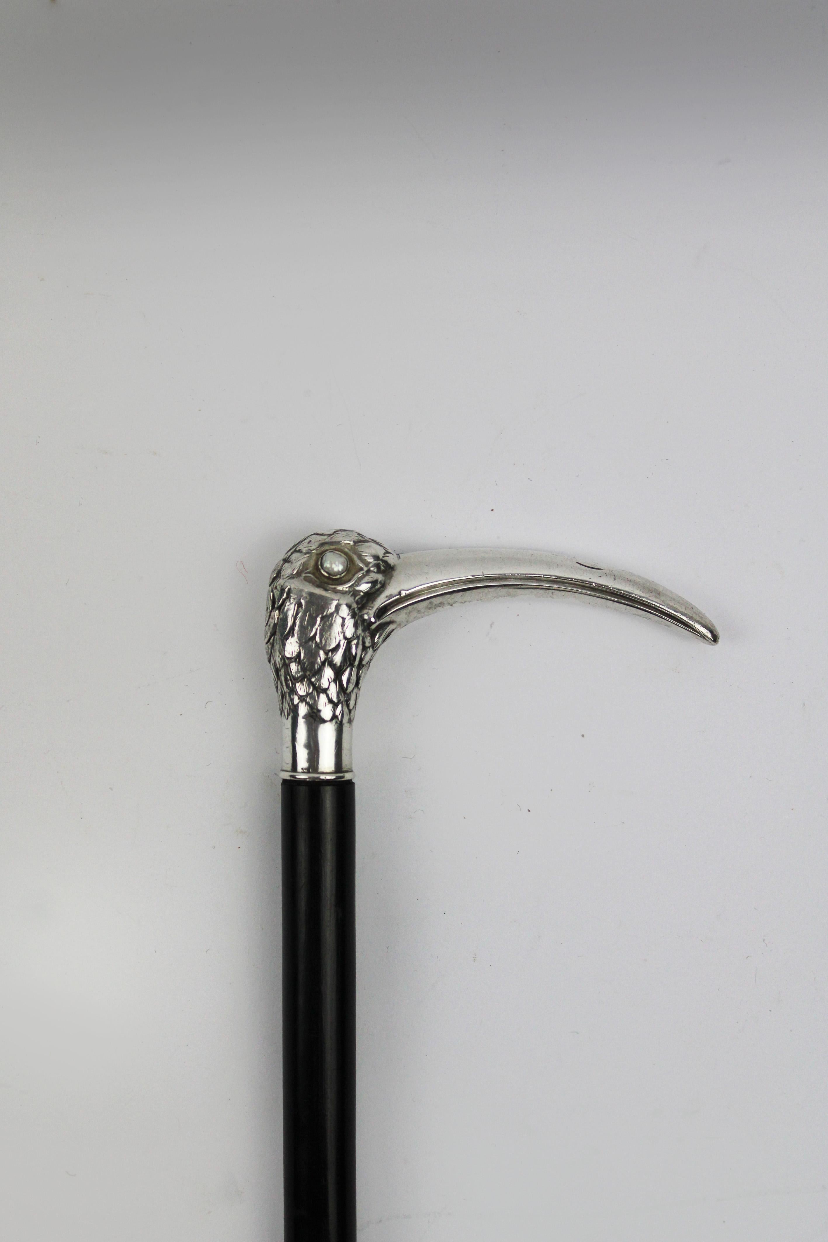 Hand-Crafted Art Nouveau Silver Ibis head Walking Stick Pearl eyes Ebony Hallmark 800 France For Sale