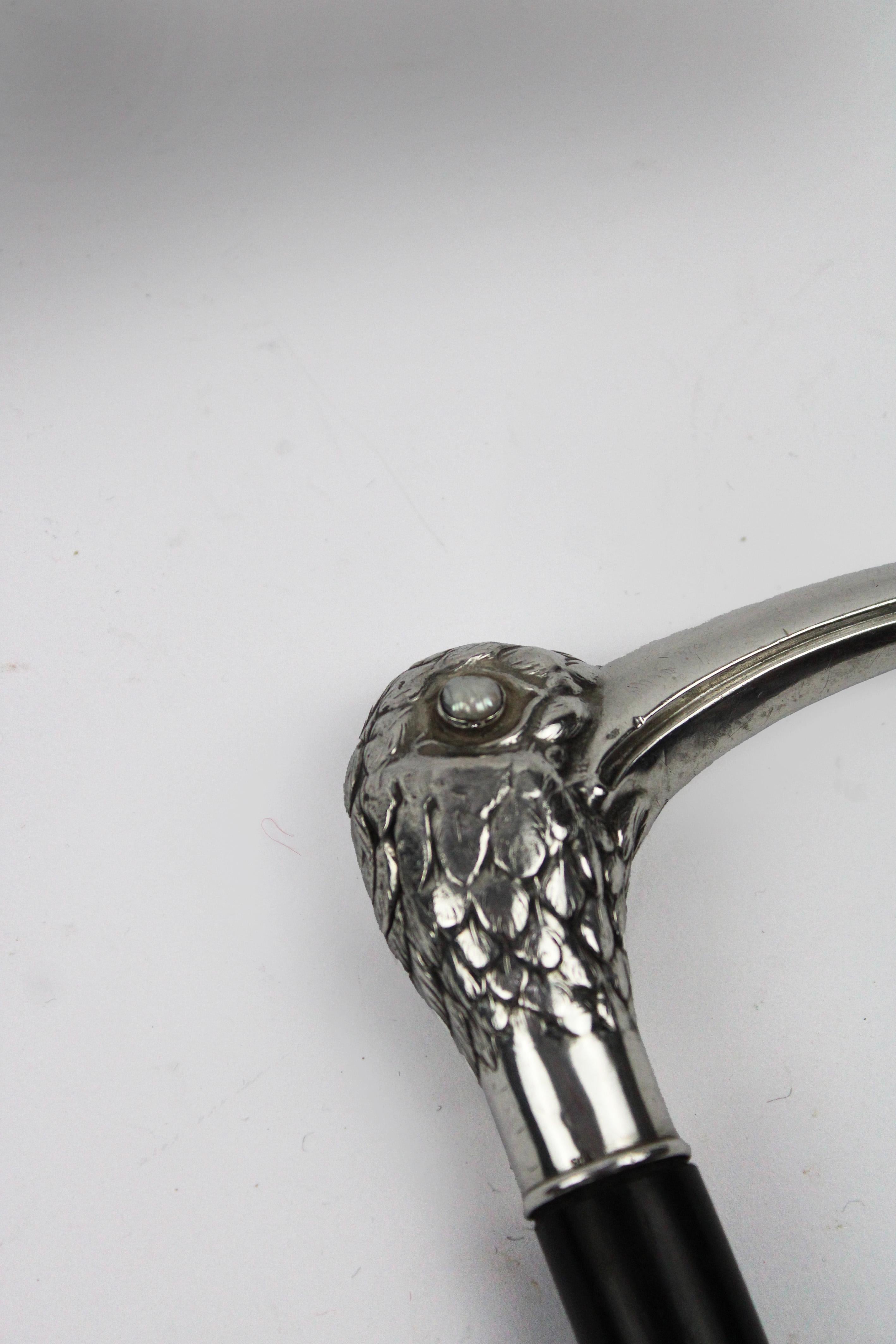 Art Nouveau Silver Ibis head Walking Stick Pearl eyes Ebony Hallmark 800 France In Good Condition For Sale In Antwerpen, BE