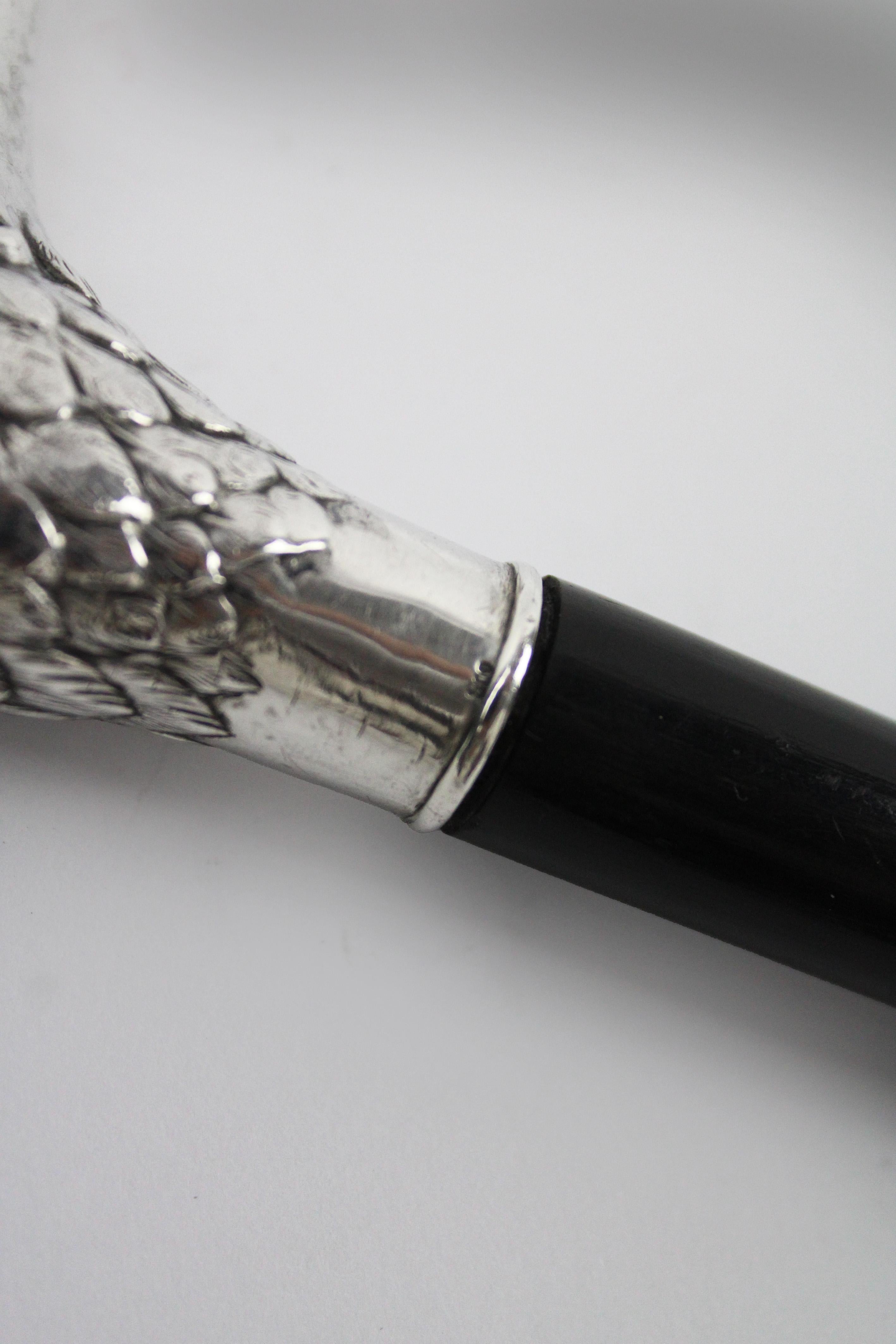 Early 20th Century Art Nouveau Silver Ibis head Walking Stick Pearl eyes Ebony Hallmark 800 France For Sale