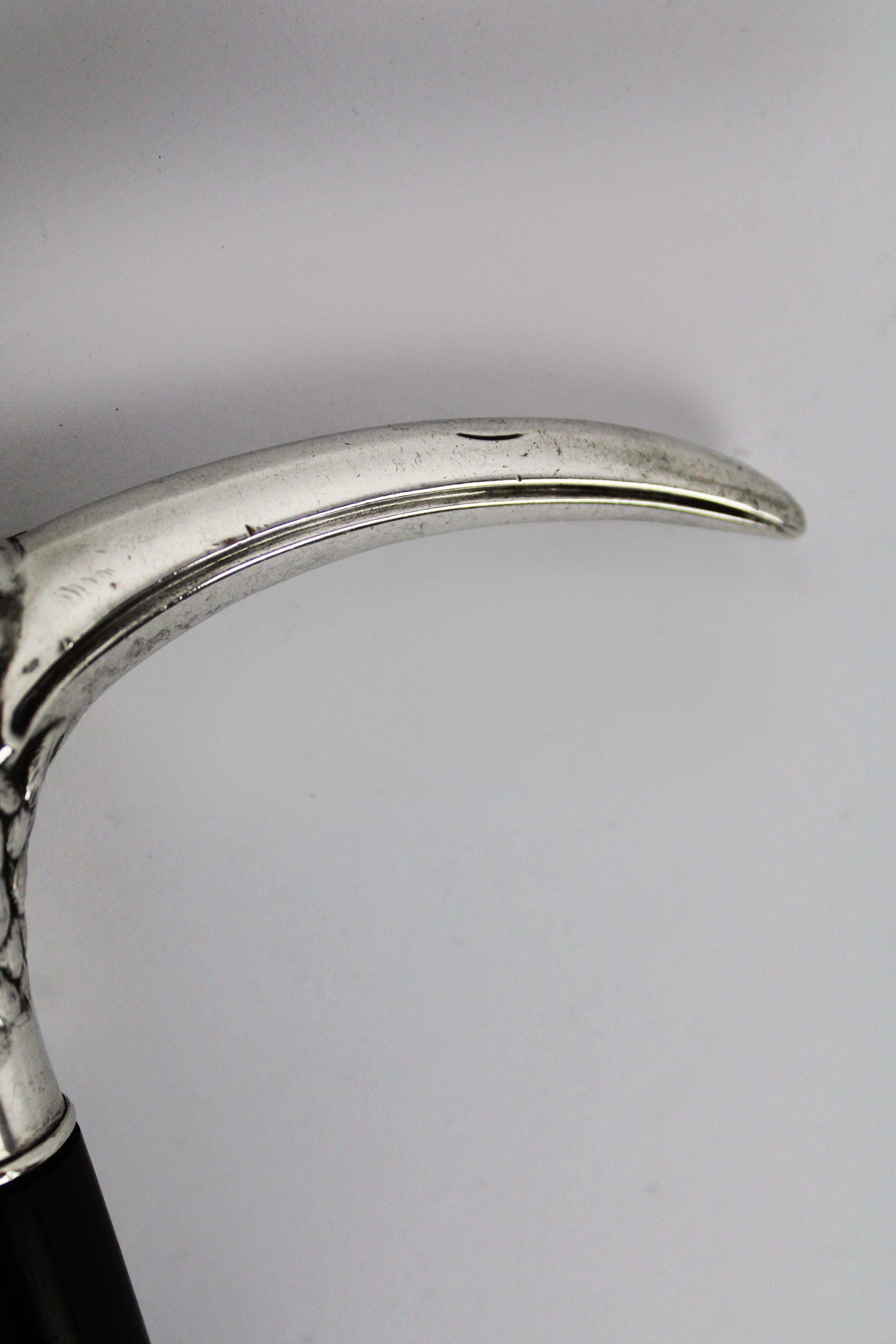 Art Nouveau Silver Ibis head Walking Stick Pearl eyes Ebony Hallmark 800 France For Sale 1