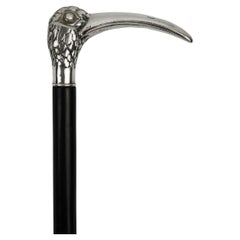 Art Nouveau Silver Ibis head Walking Stick Pearl eyes Ebony Hallmark 800 France