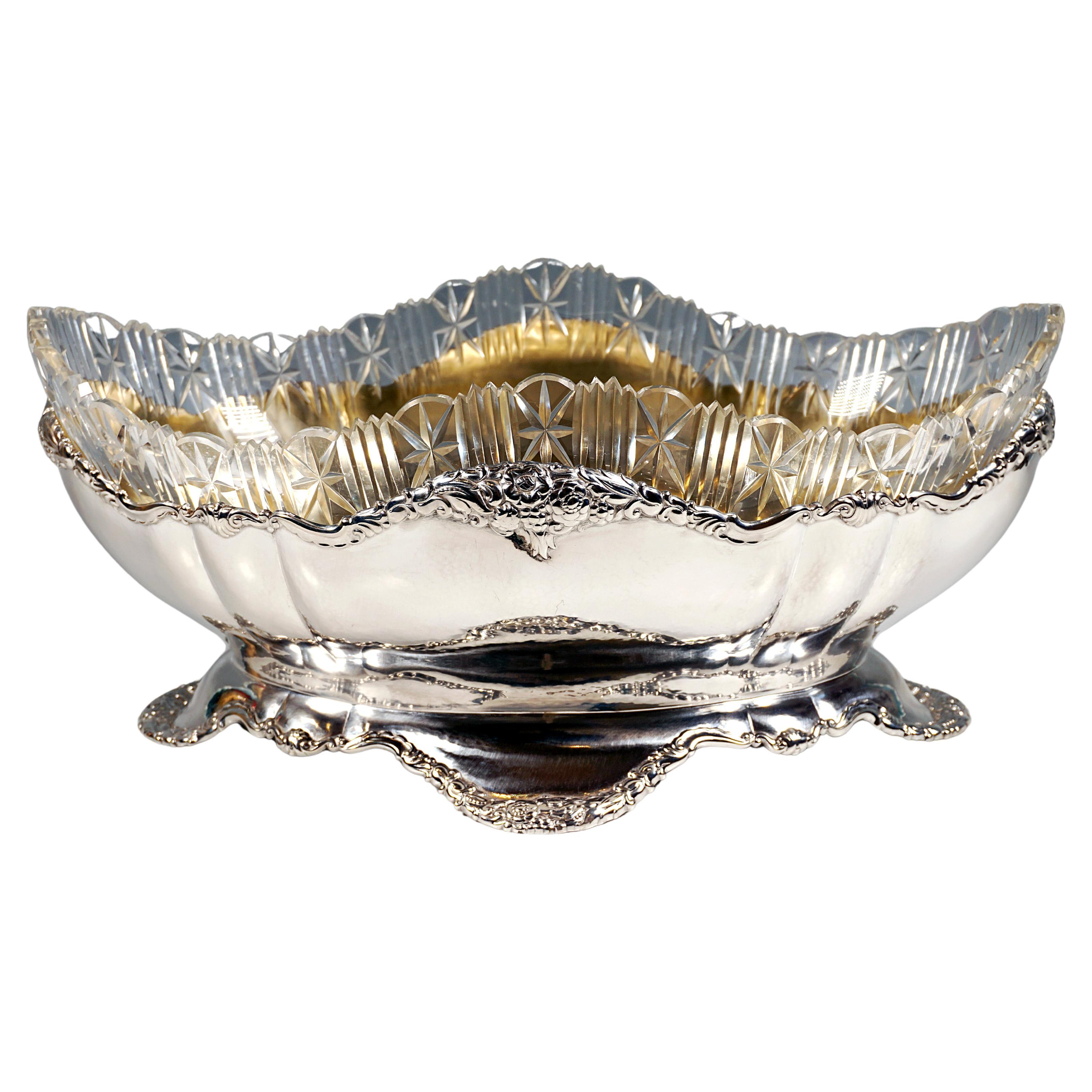 Jugendstil-Jardiniere aus Silber mit geschliffenem Glas, Theodor Müller Deutschland um 1900