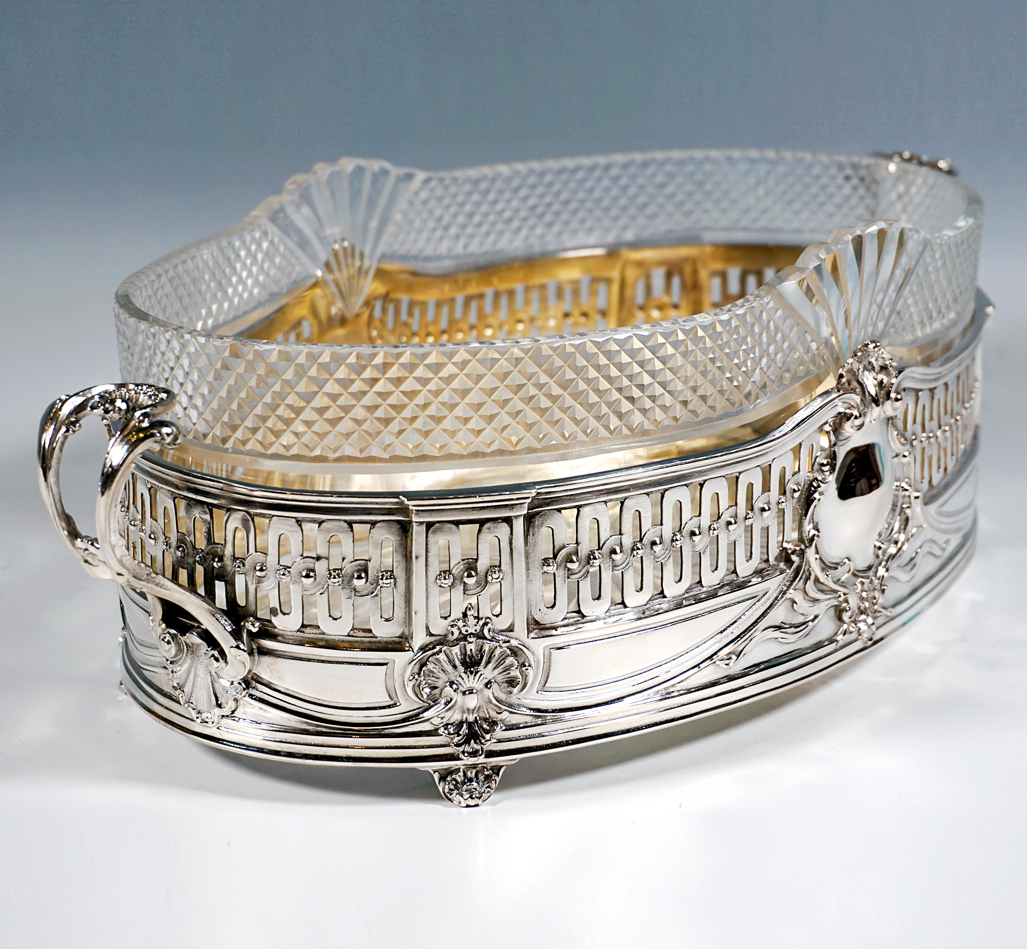 Faceted Art Nouveau Silver Jardinière With Cut Glass Liner, Wolfers Frères, Brussels For Sale