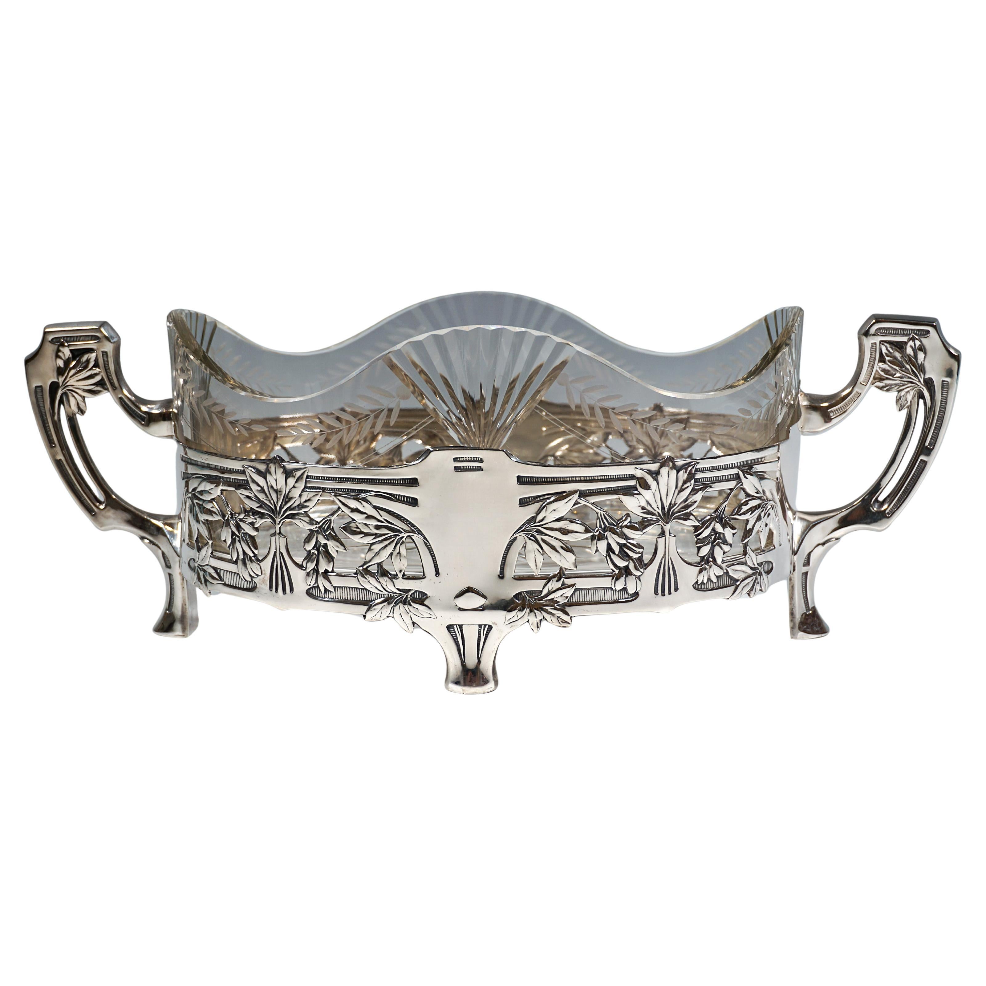 Jardinera Art Nouveau de plata con inserto de cristal original, Alemania, circa 1900