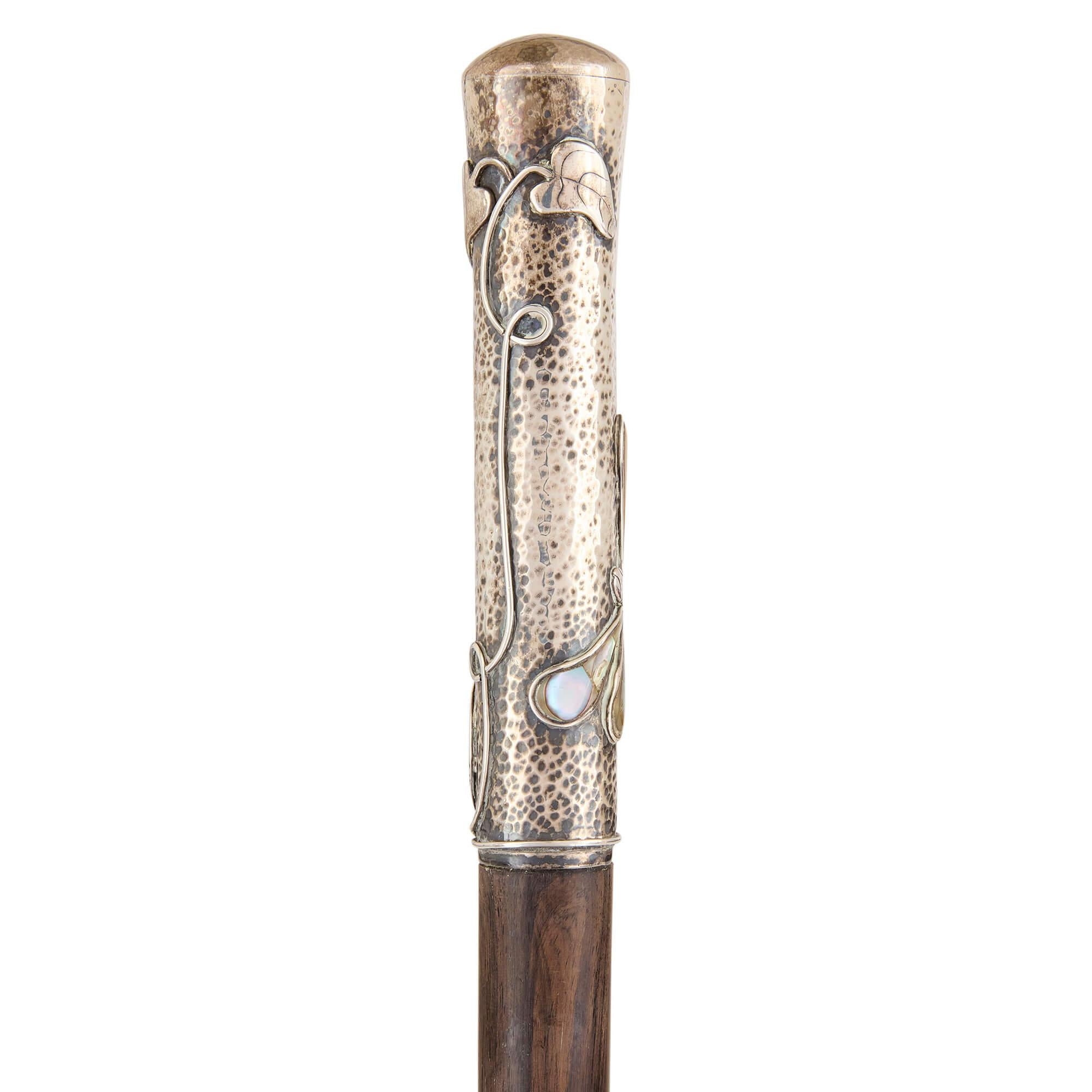French Art Nouveau Silver, Mother of Pearl and Glass Walking Stick For Sale