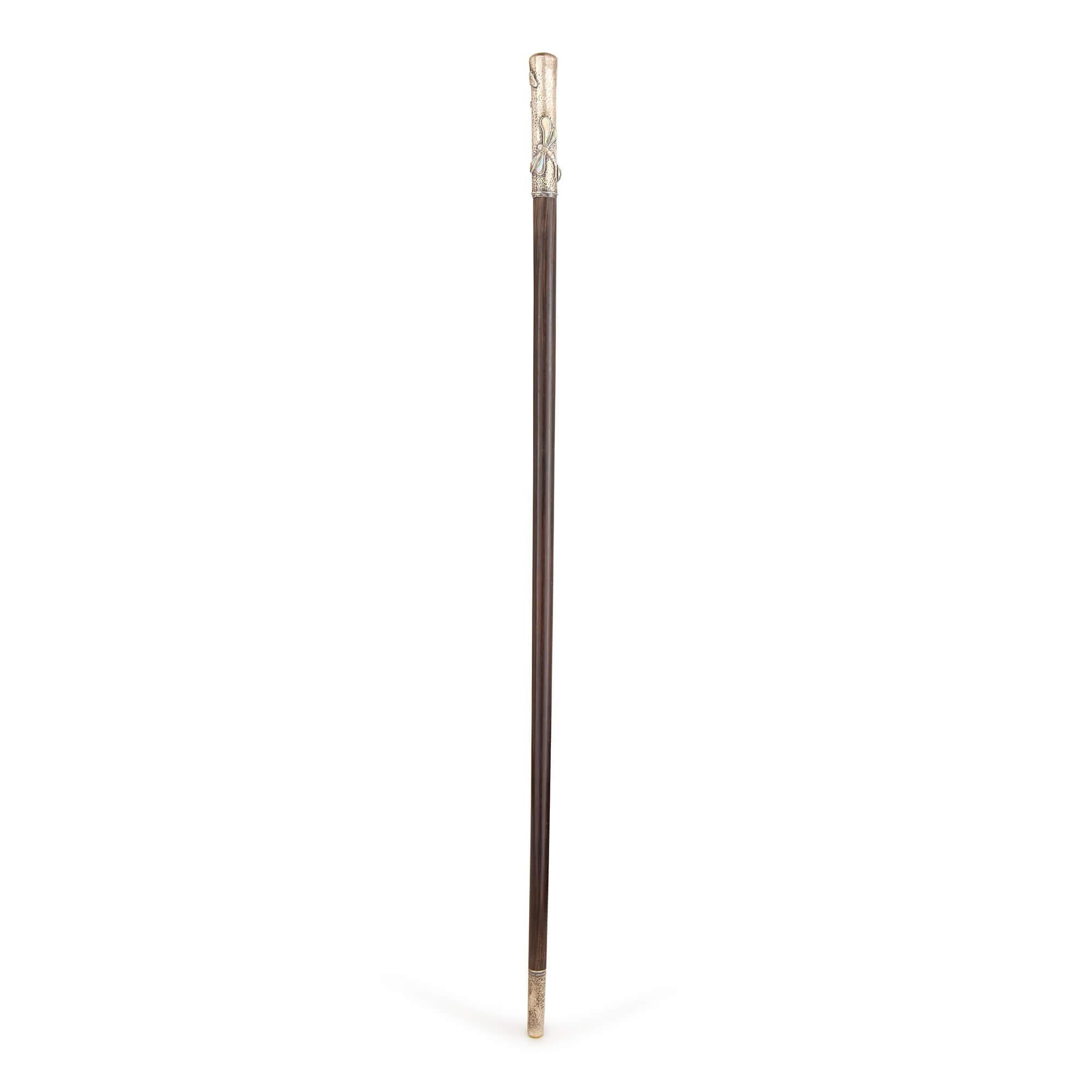 Carved Art Nouveau Silver, Mother of Pearl and Glass Walking Stick For Sale
