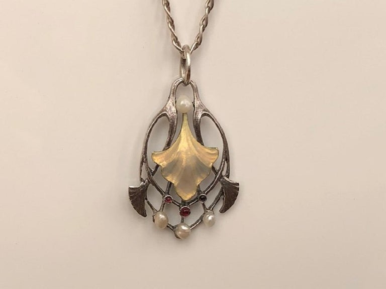 Art Nouveau Silver Necklace and Enamel Silver Pendant with Rubies and ...