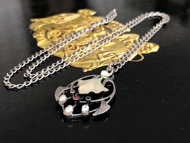 Art Nouveau Silver Necklace and Enamel Silver Pendant with Rubies and ...