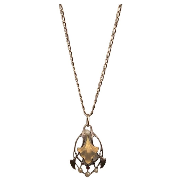 Art Nouveau Silver Necklace and Enamel Silver Pendant with Rubies and ...