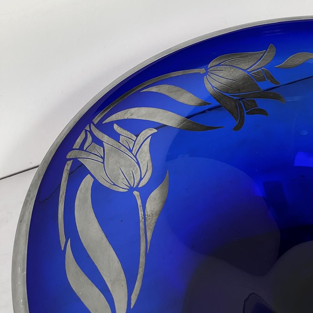Art Glass Art Nouveau Silver-Overlaid Cobalt Blue Glass Centerpiece For Sale