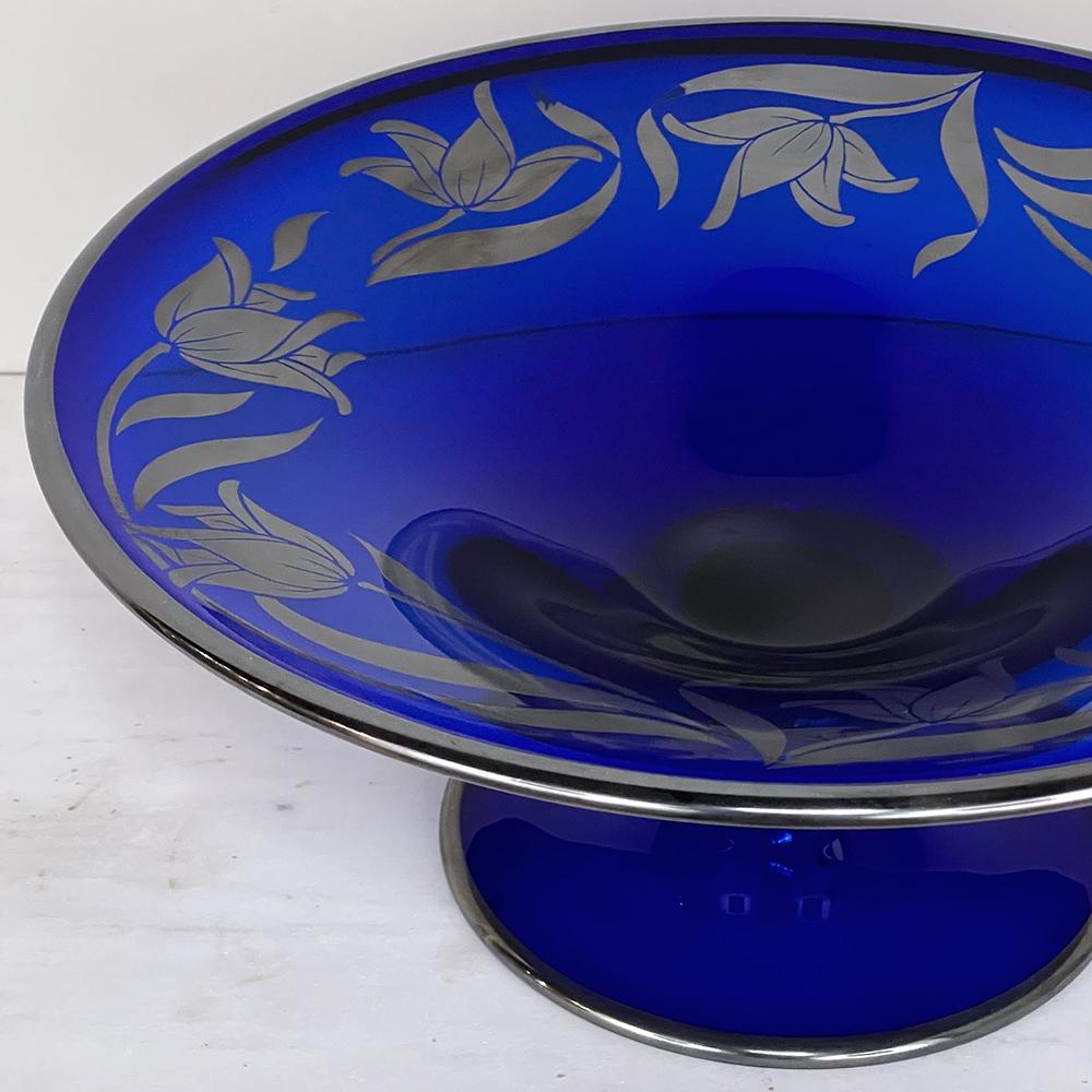 Art Nouveau Silver-Overlaid Cobalt Blue Glass Centerpiece In Good Condition For Sale In Dallas, TX