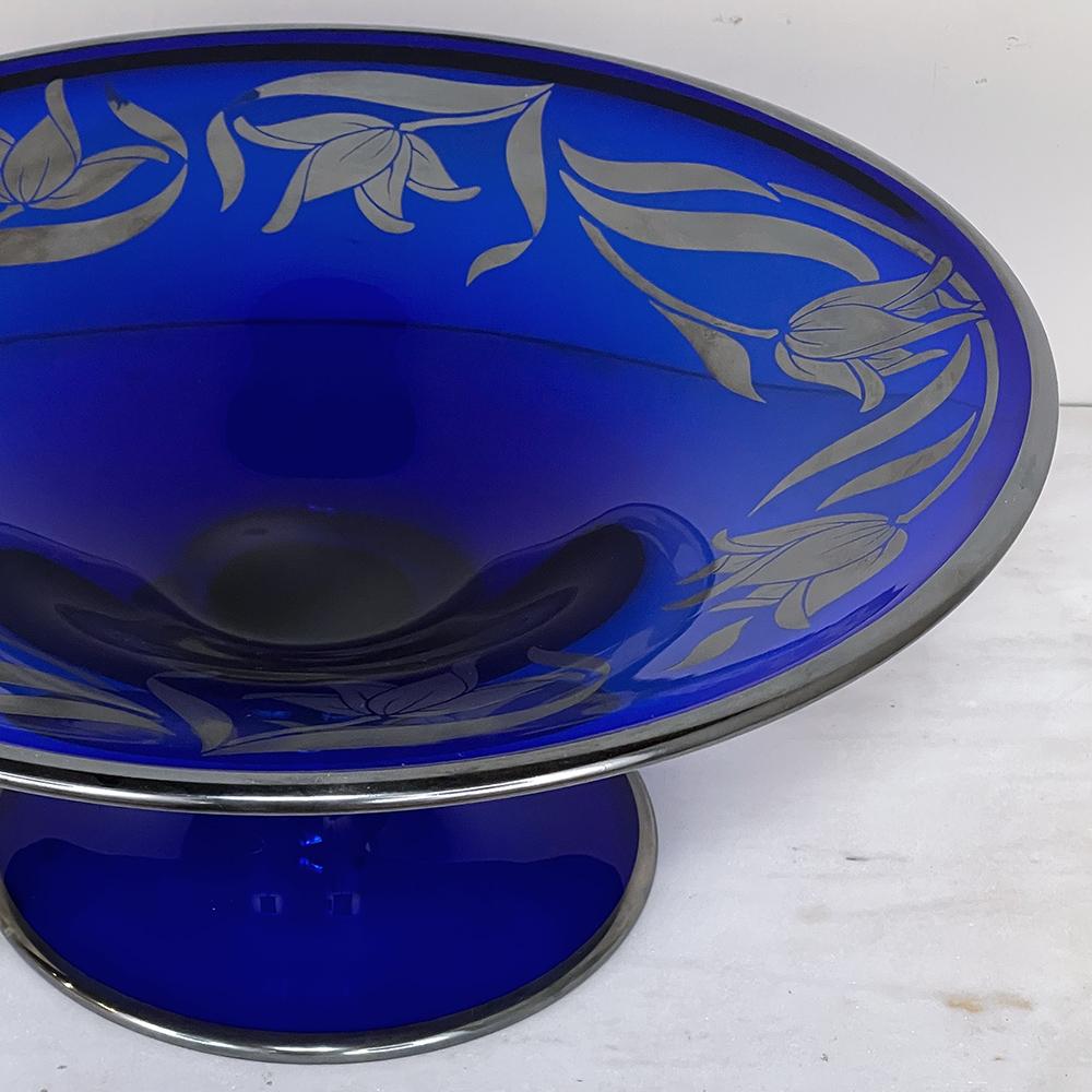 Late 19th Century Art Nouveau Silver-Overlaid Cobalt Blue Glass Centerpiece For Sale