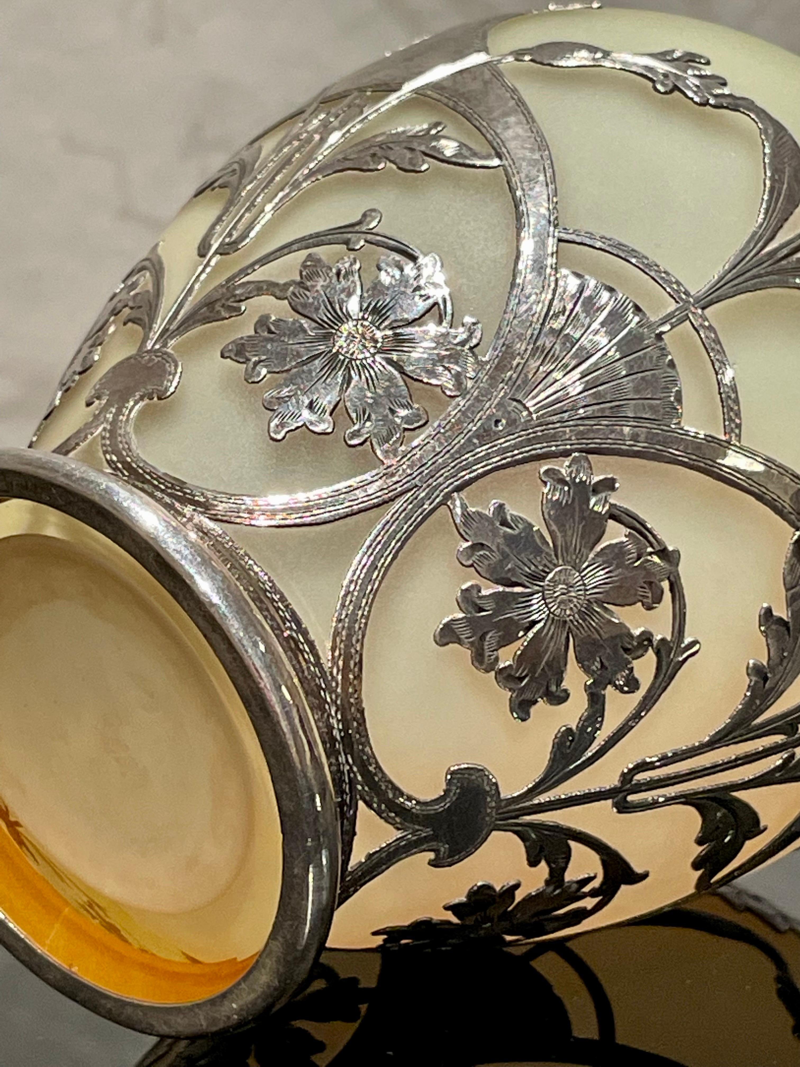 Uranium Glass Art-Nouveau Silver Overlaid Vase 1900s in Loetz Style For Sale