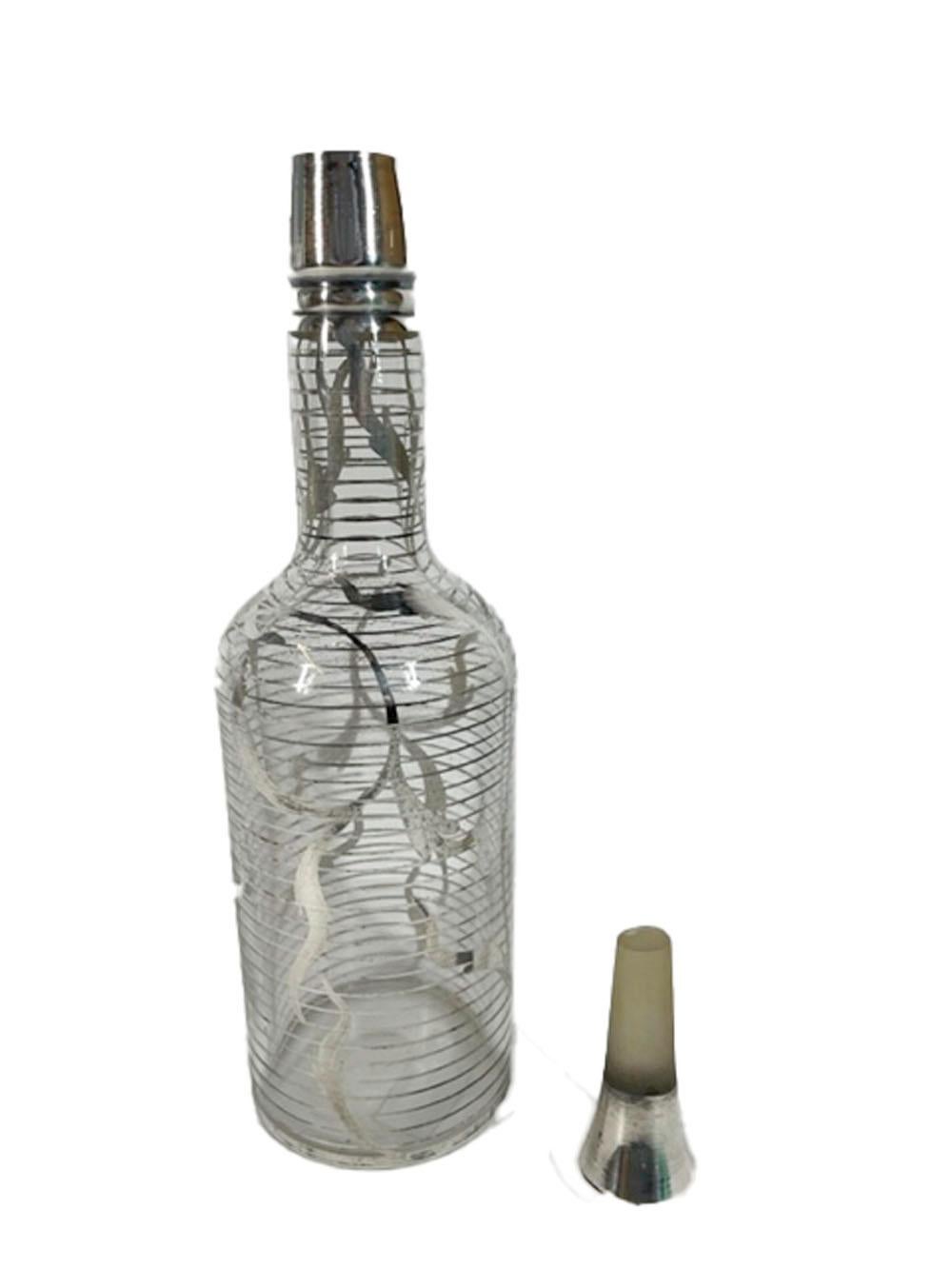 American Art Nouveau Silver Overlay Bark Bar Bottle with Original Peg Stopper