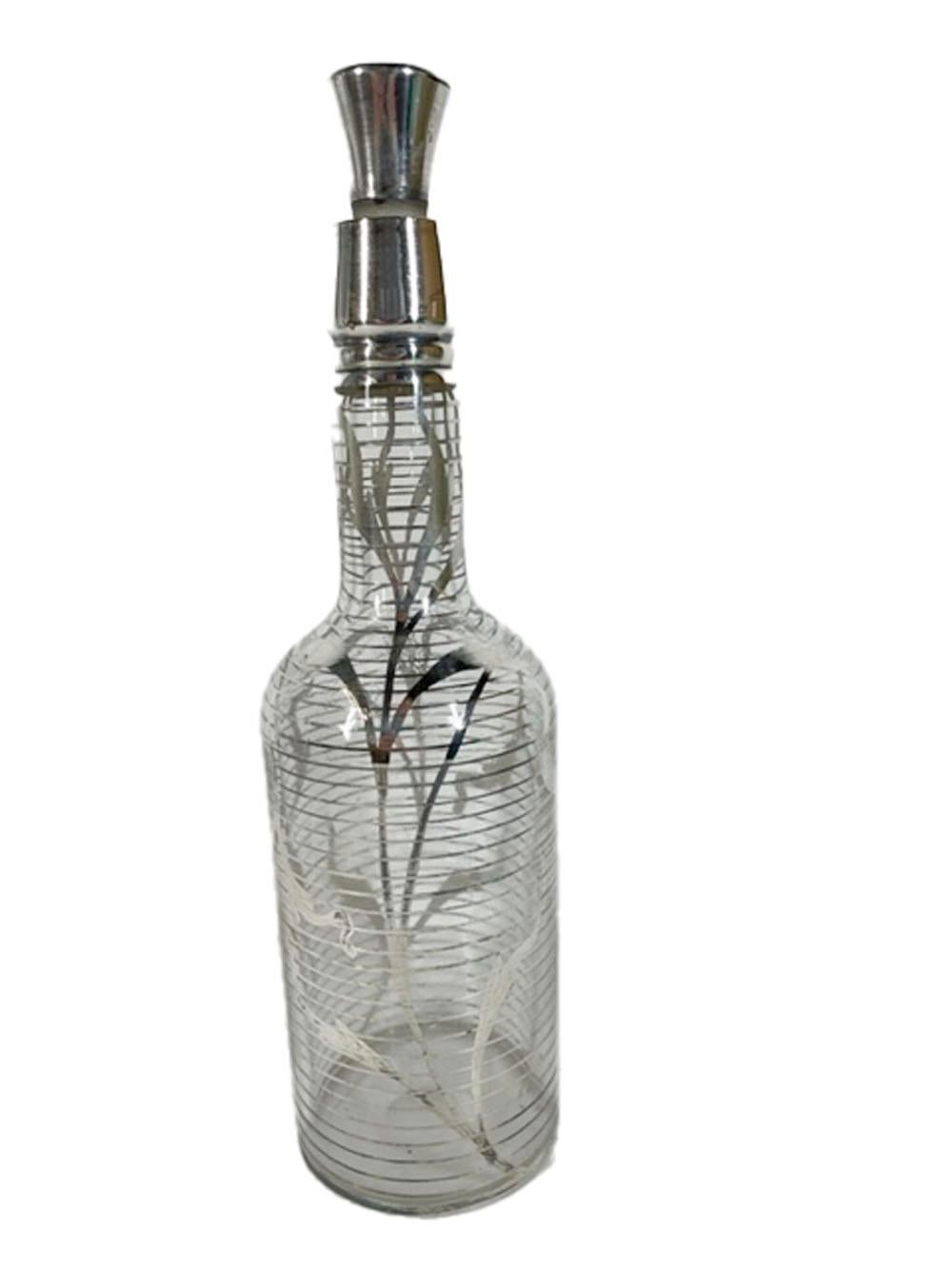 19th Century Art Nouveau Silver Overlay Bark Bar Bottle with Original Peg Stopper