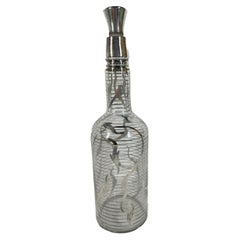 Art Nouveau Silver Overlay Bark Bar Bottle with Original Peg Stopper