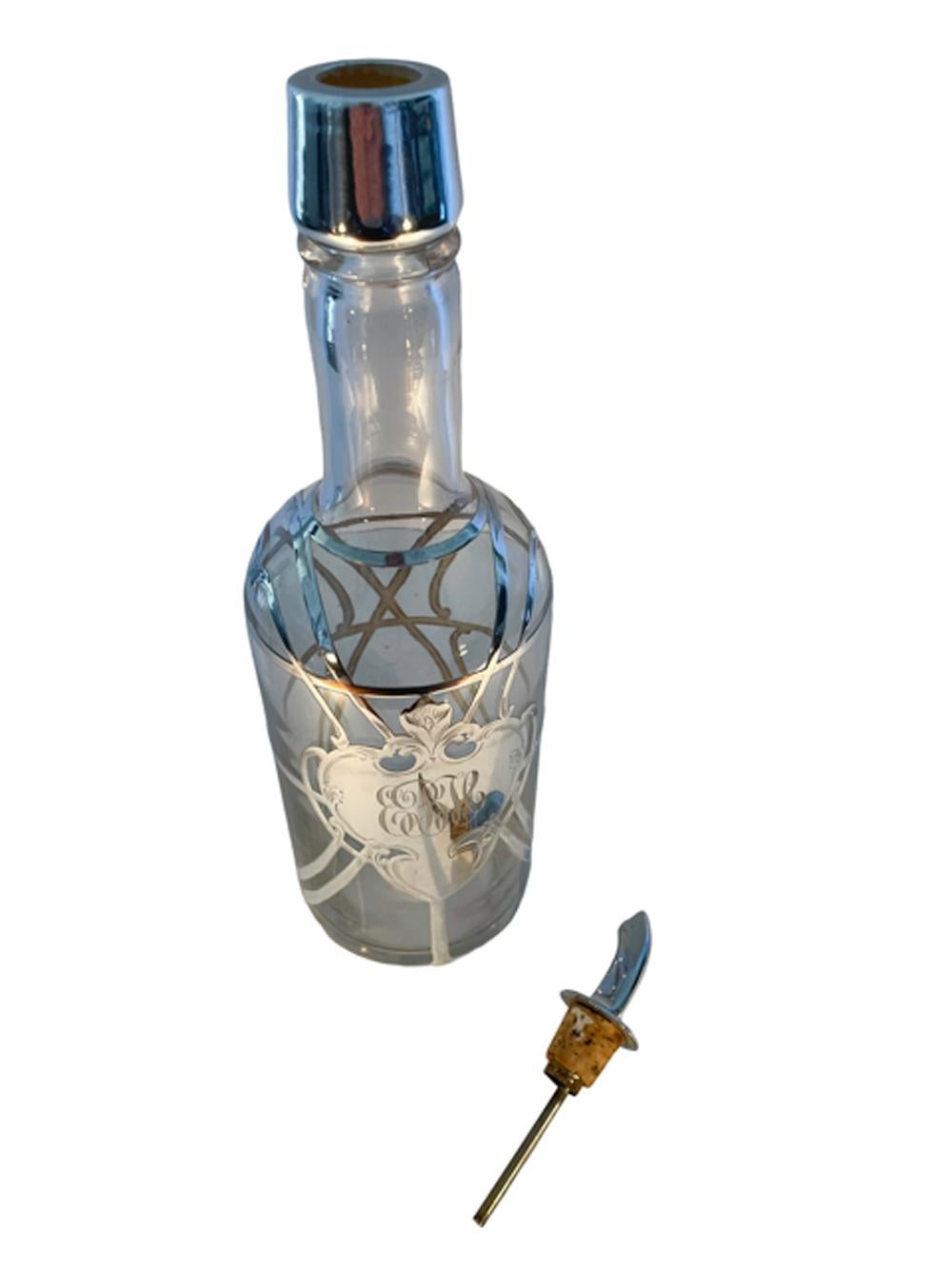 Sterling Silver Art Nouveau Silver Overlay Decanter or Back Bar Bottle W/ Shield and Strapwork