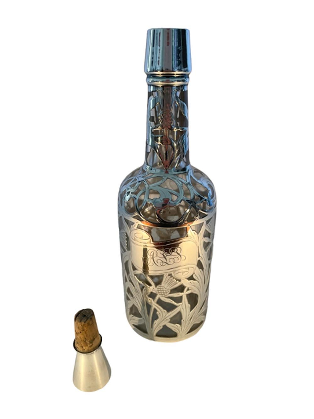 Art Nouveau Silver Overlay Decanter or Back Bar Bottle with Thistle Design  For Sale 5