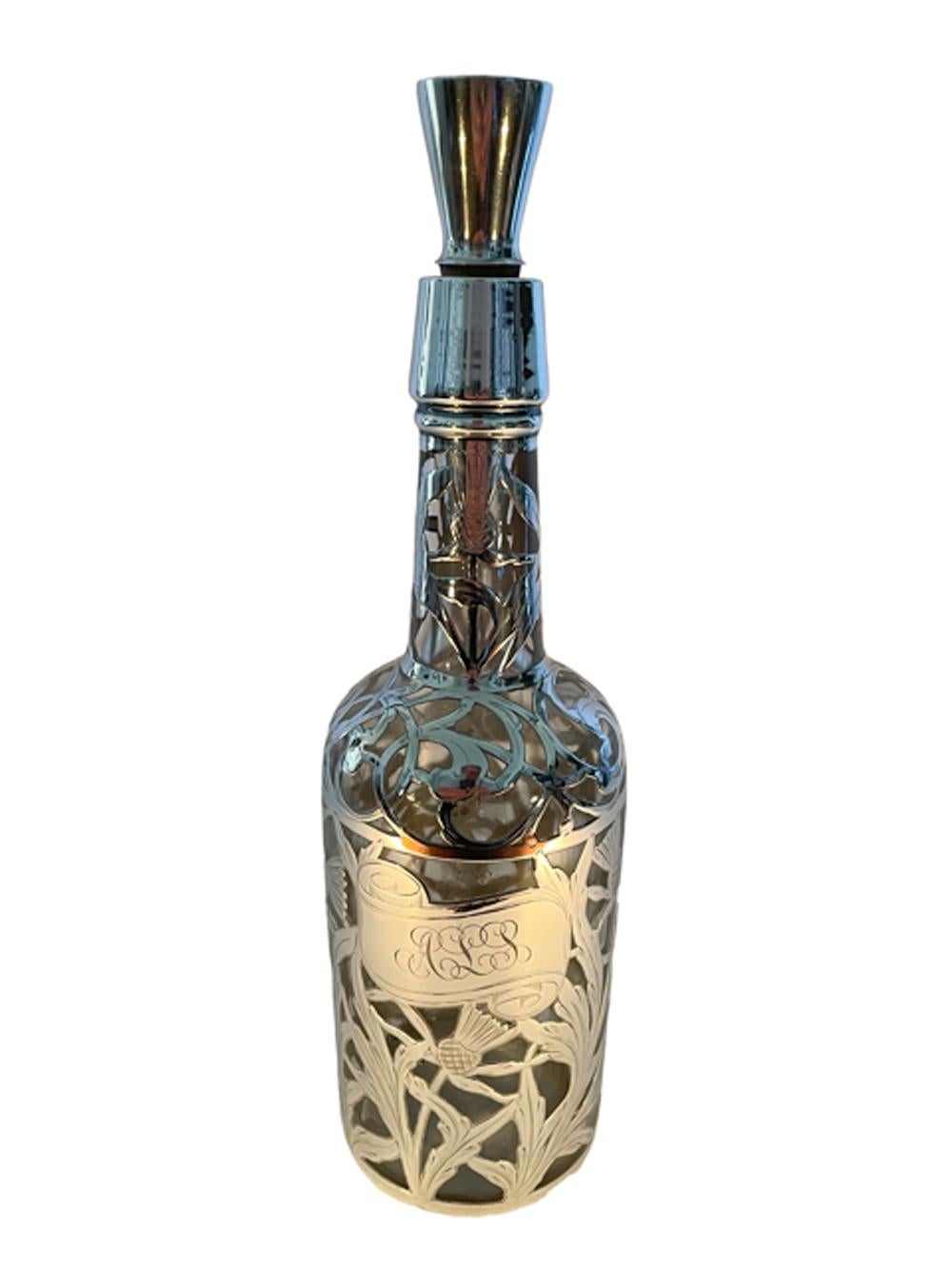 Art Nouveau Silver Overlay Decanter or Back Bar Bottle with Thistle Design  For Sale 6