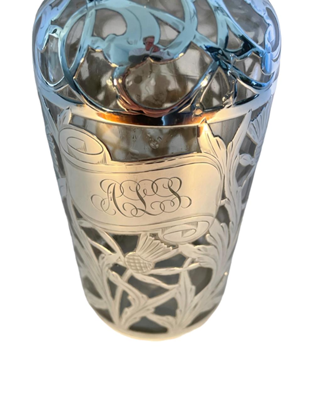 American Art Nouveau Silver Overlay Decanter or Back Bar Bottle with Thistle Design  For Sale