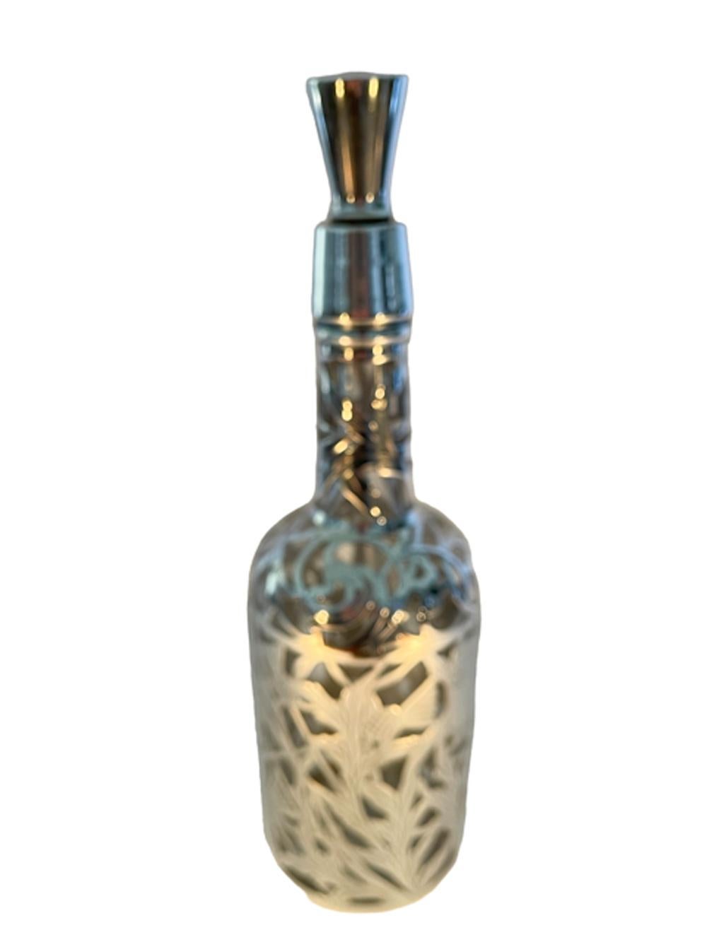 Art Nouveau Silver Overlay Decanter or Back Bar Bottle with Thistle Design  In Good Condition For Sale In Nantucket, MA