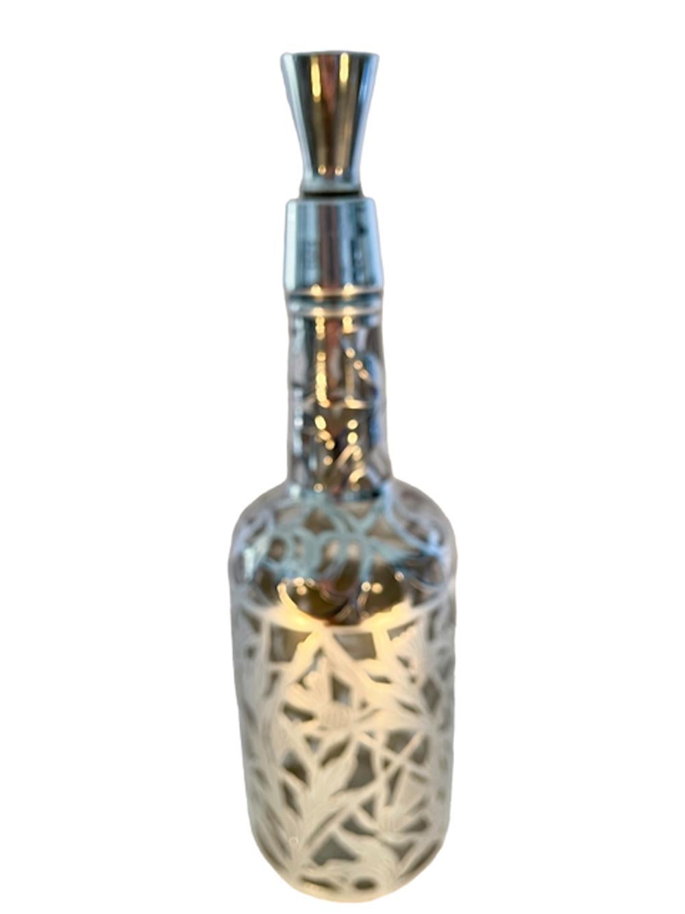 20th Century Art Nouveau Silver Overlay Decanter or Back Bar Bottle with Thistle Design  For Sale