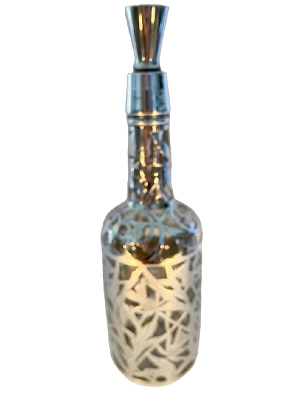 Sterling Silver Art Nouveau Silver Overlay Decanter or Back Bar Bottle with Thistle Design  For Sale