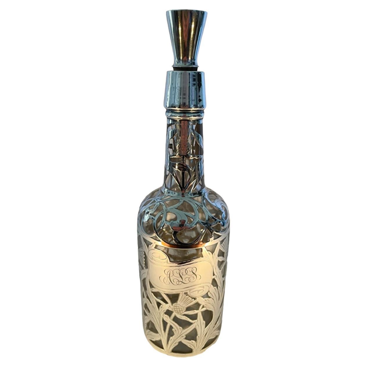 Art Nouveau Silver Overlay Decanter or Back Bar Bottle with Thistle Design  For Sale