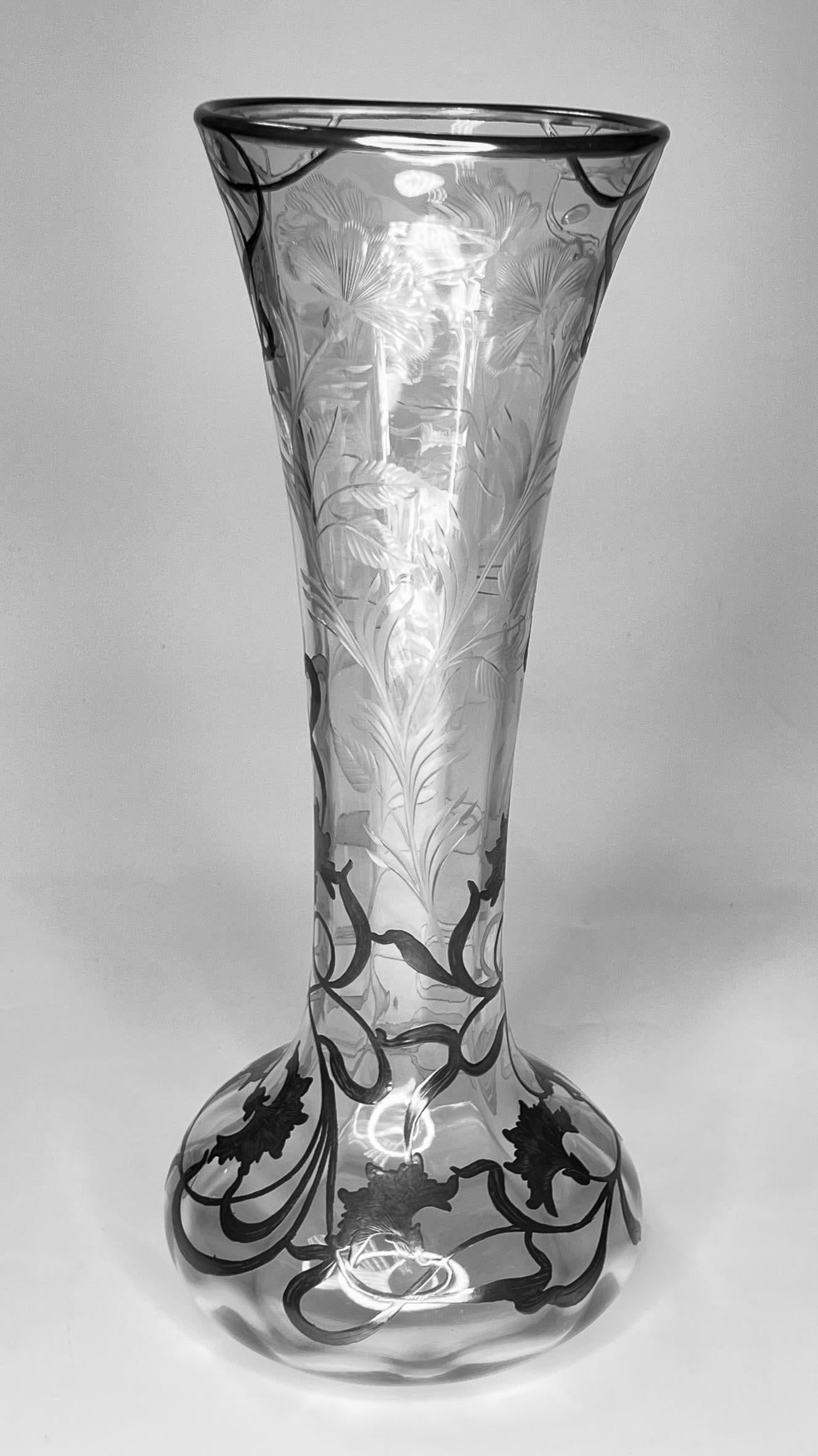 French Art Nouveau Silver Overlay Glass Vase For Sale