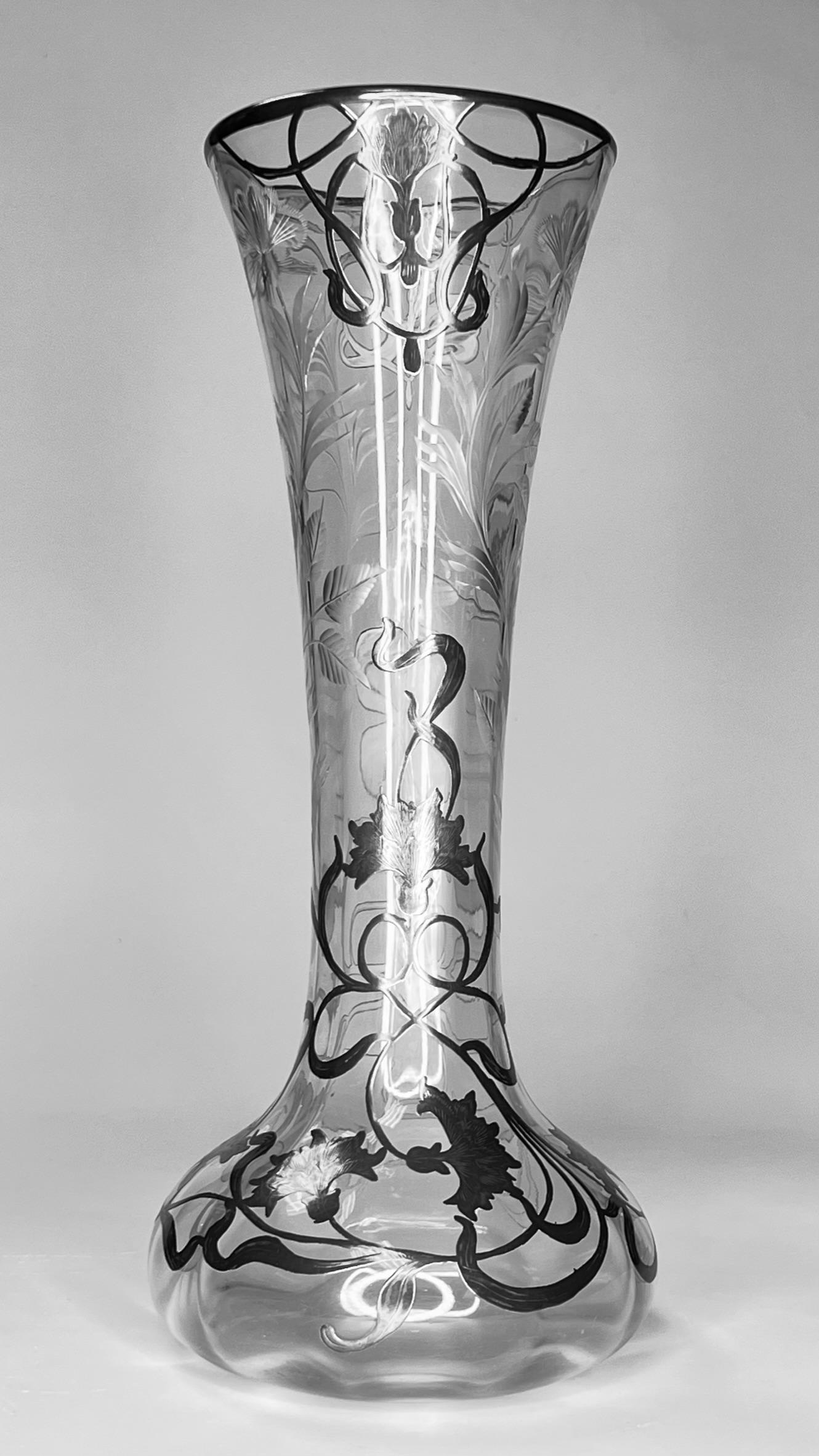 20th Century Art Nouveau Silver Overlay Glass Vase For Sale