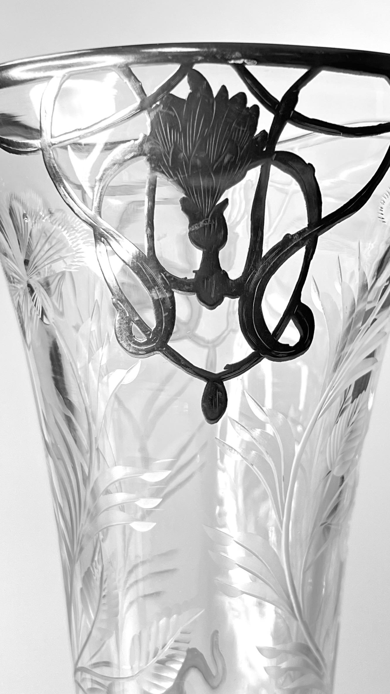 Art Nouveau Silver Overlay Glass Vase For Sale 2