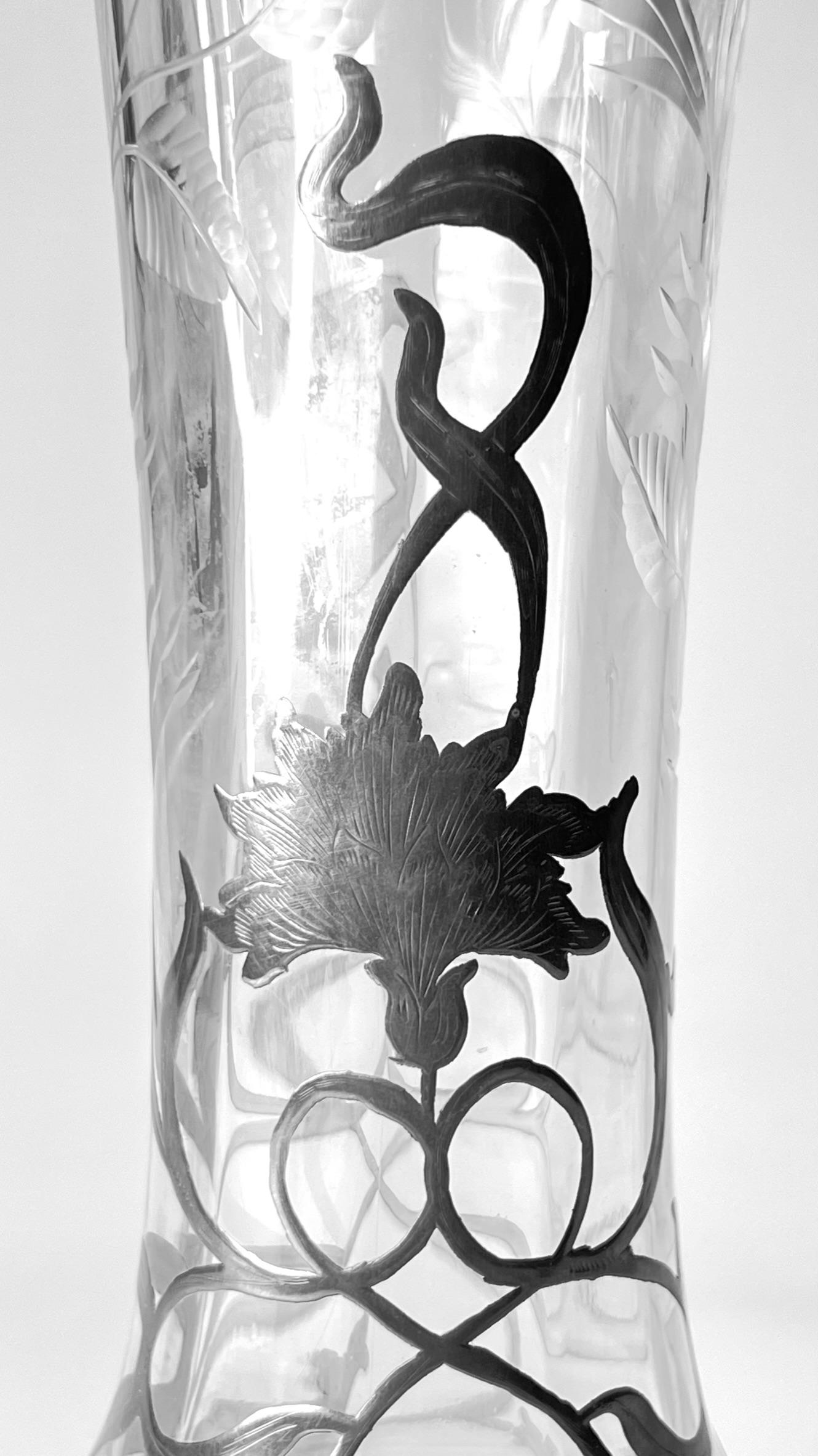 Jugendstil-Vase mit Silberauflage aus Glas im Angebot 2