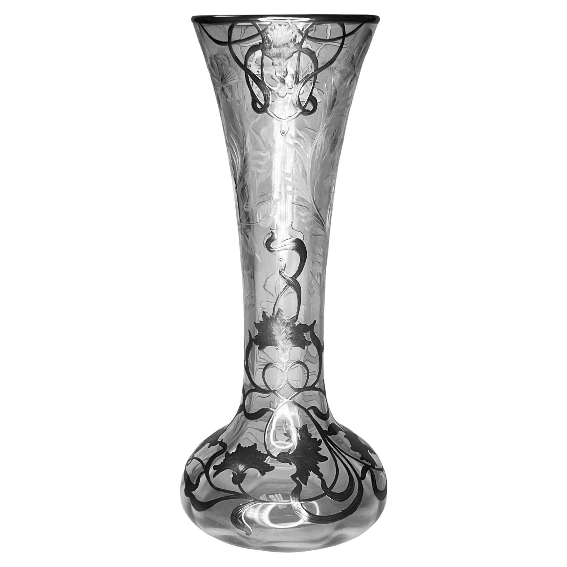 Art Nouveau Silver Overlay Glass Vase For Sale