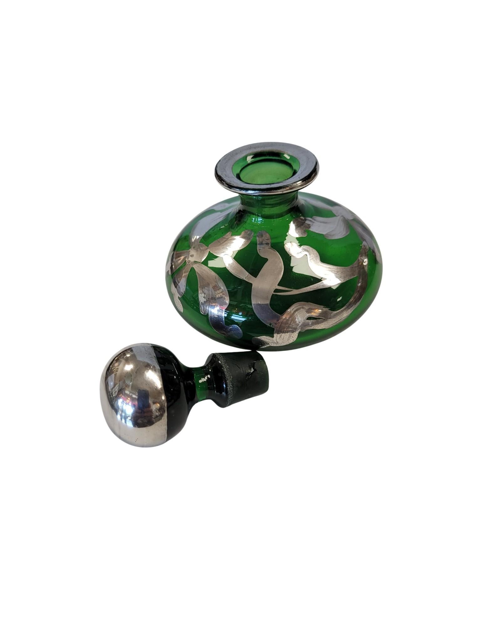 Art Glass Art Nouveau Green Glass Perfume Bottle, Late 19th to Early 20th C For Sale