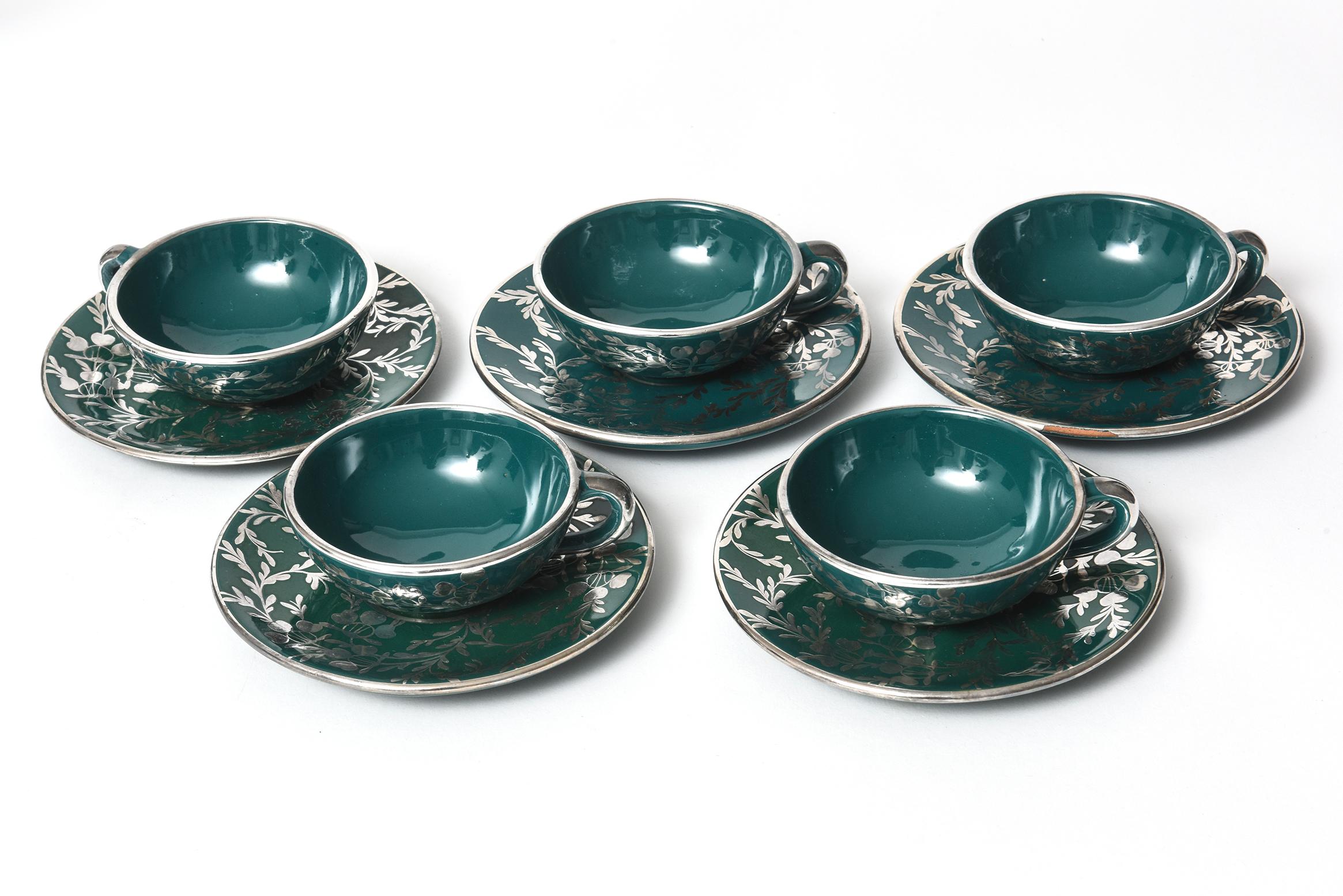 Art Nouveau Silver Overlay Green Porcelain Teapot Tea Service for Five 5